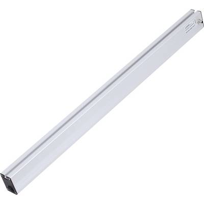 Un boîtier lumineux LED argenté, long, fin et rectangulaire, photographié en diagonale, sans fixations ni câbles visibles.