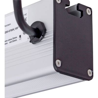 Un corps de luminaire LED rectangulaire métallique avec support en plastique noir et câble de connexion. Autocollant avec détails techniques visible.
