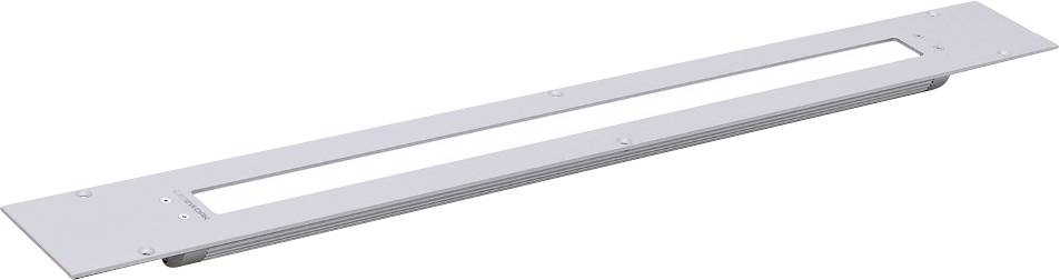 Grille de ventilation en métal, rectangulaire, de couleur argent, avec un long trou étroit au centre, utilisée pour la ventilation ou le refroidissement.
