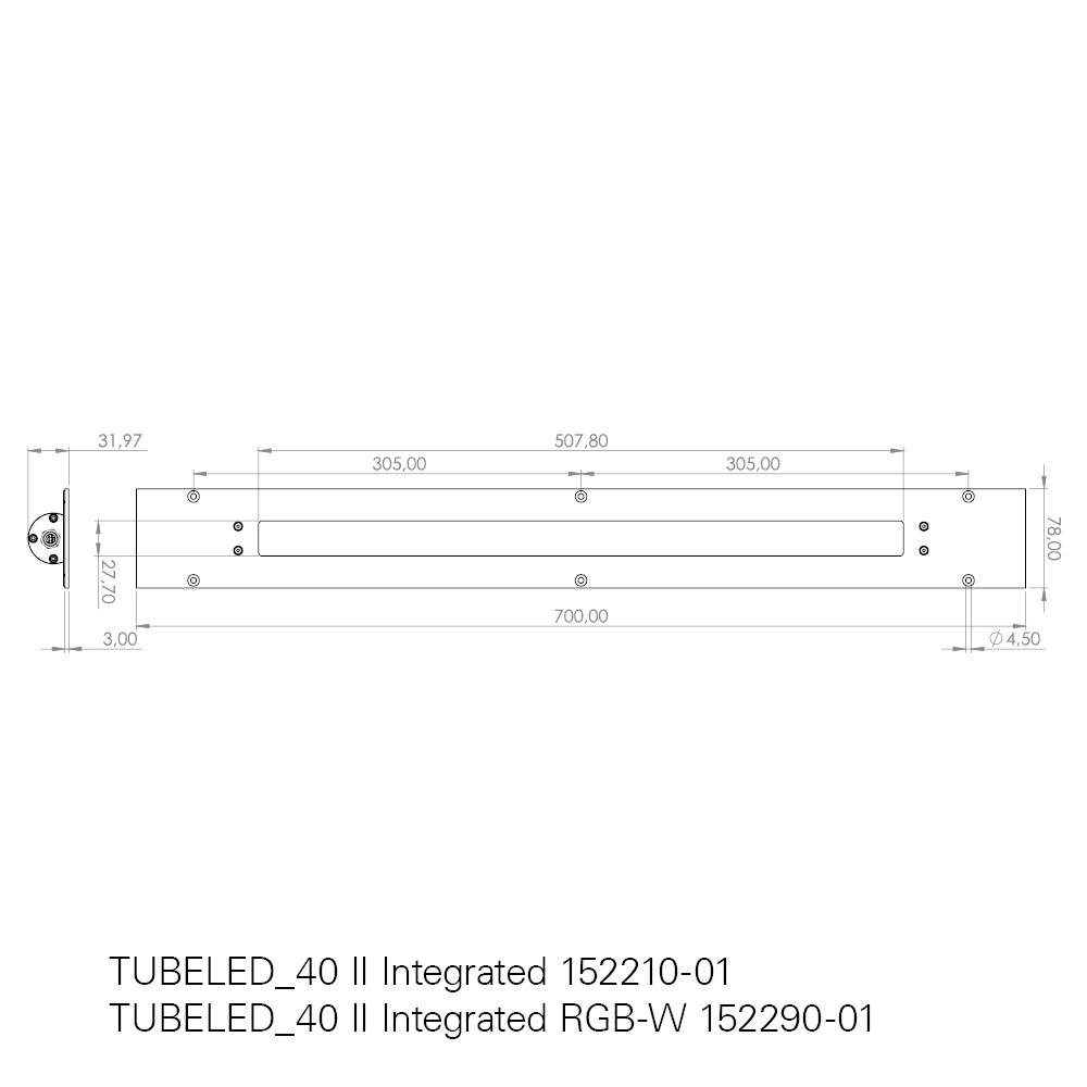 Dessin technique d'un luminaire TUBELED. Dimensions : 507,80 mm de longueur, 31,97 mm de largeur. Deux numéros de modèle : 152210-01 et 152290-01.