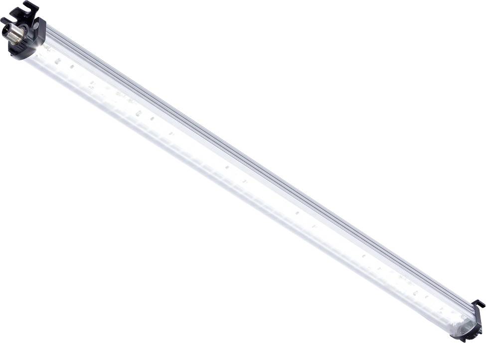Une longue lampe fluorescente LED blanche avec des embouts noirs sur un fond blanc.