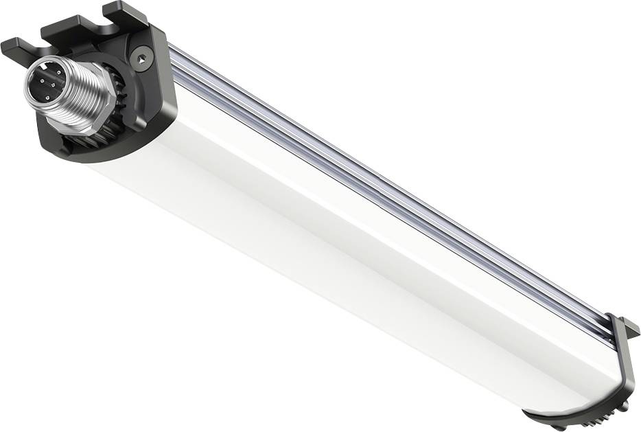 Lampe industrielle avec boîtier cylindrique robuste et garnitures métalliques. Fiche de connexion visible à une extrémité.