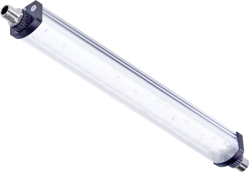 Une lampe LED allongée avec un boîtier de protection transparent et deux connexions métalliques à ses extrémités.