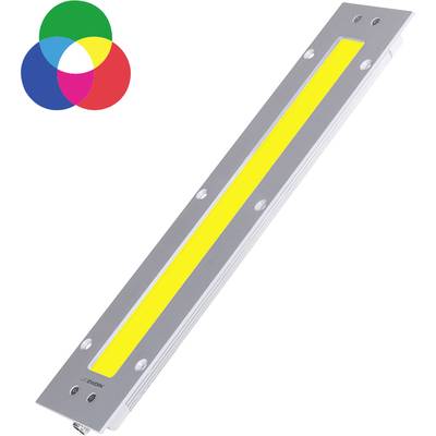 Lumière LED argentée avec une bande lumineuse jaune au centre ; en haut à gauche, trois cercles de couleurs se chevauchant en bleu, vert et rouge.