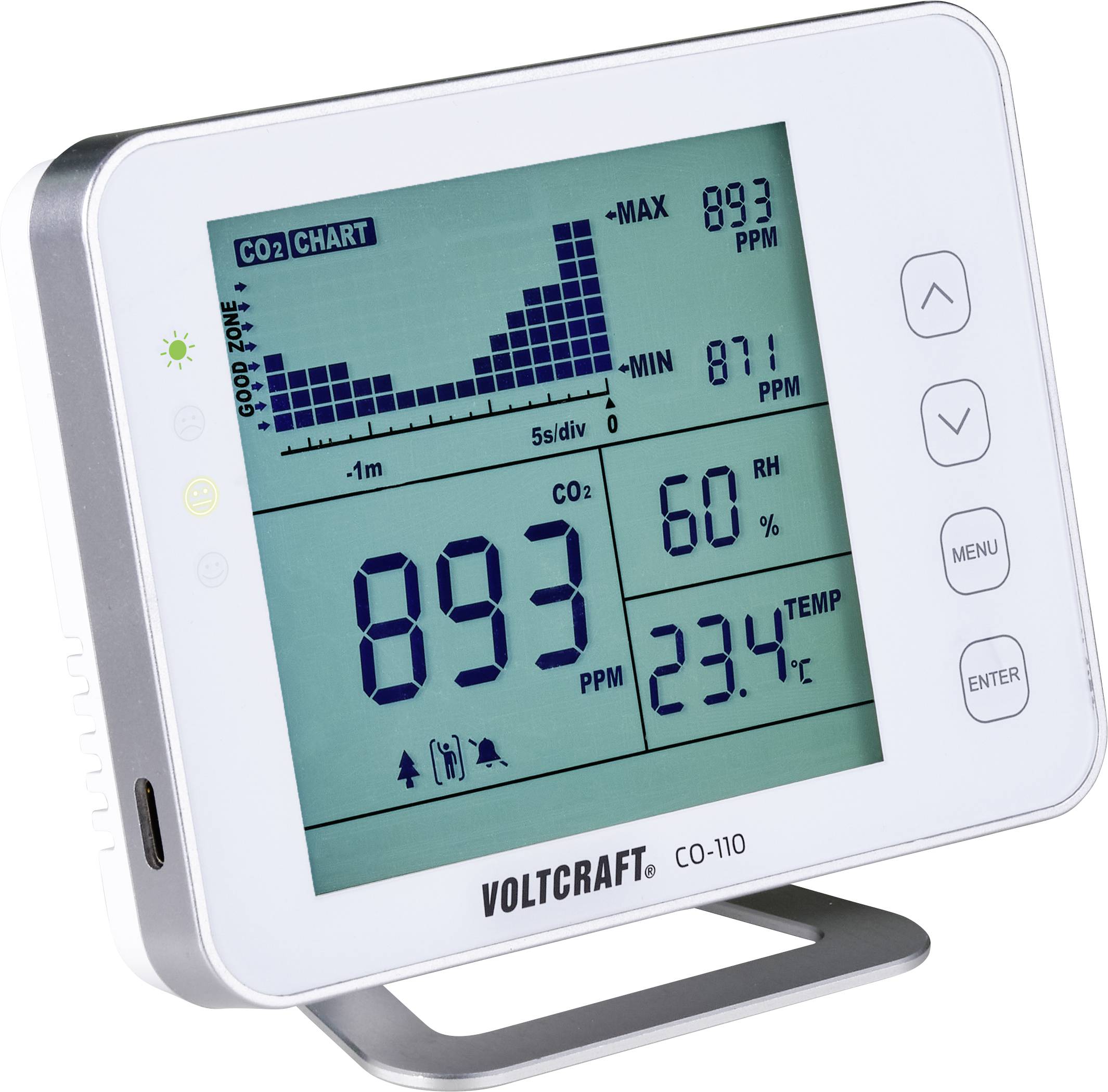 'Voltcraft CO-110' appareil de mesure du CO2 avec affichage numérique. Indication : 893 PPM de CO2, 60% d'humidité relative, 23,4°C. Graphique montrant la tendance du CO2.