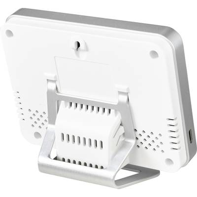 Un petit appareil de table blanc avec un support, des fentes de ventilation et un dispositif de fixation murale, probablement un thermo-hygromètre.