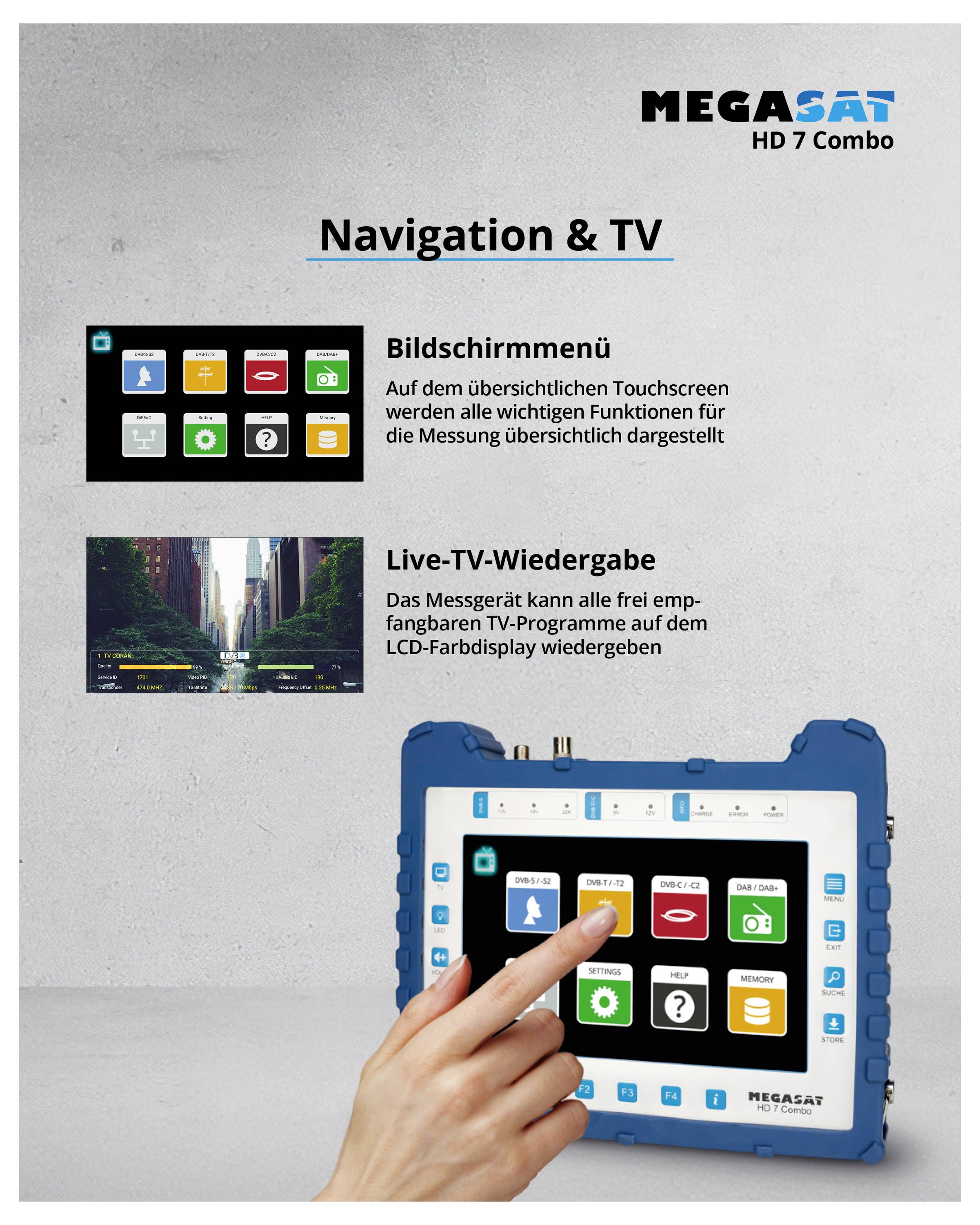 Un appareil à écran tactile intitulé 'Guidage de menu et affichage TV'. Affiche des menus à l'écran et une diffusion de télévision en direct sur un écran LCD couleur.