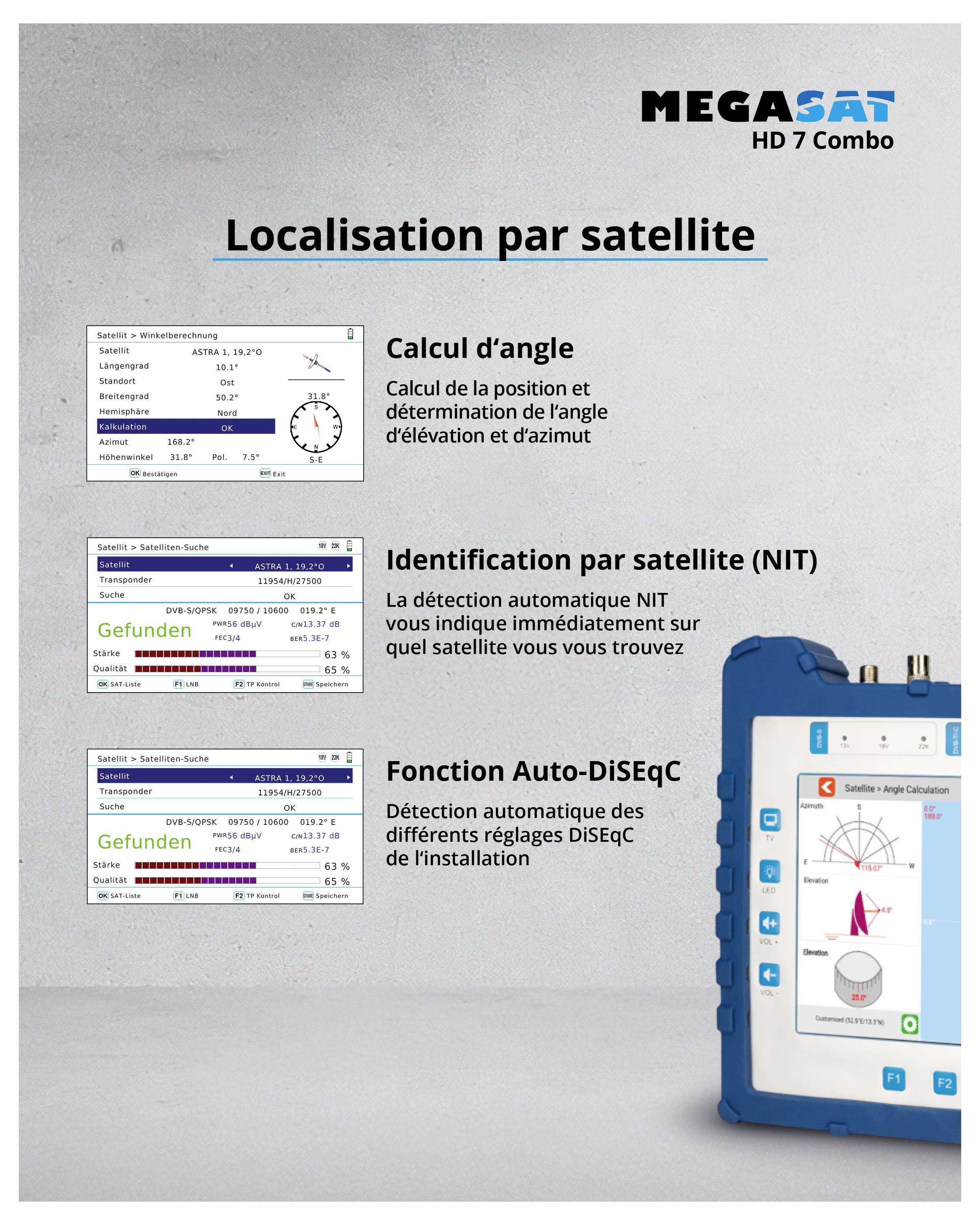 'Flyer présente le MEGASAT HD 7 Combo. Fonctions : calcul d'angle pour la recherche de satellite, reconnaissance de satellite (NIT), détection automatique de DiSEqC.'
