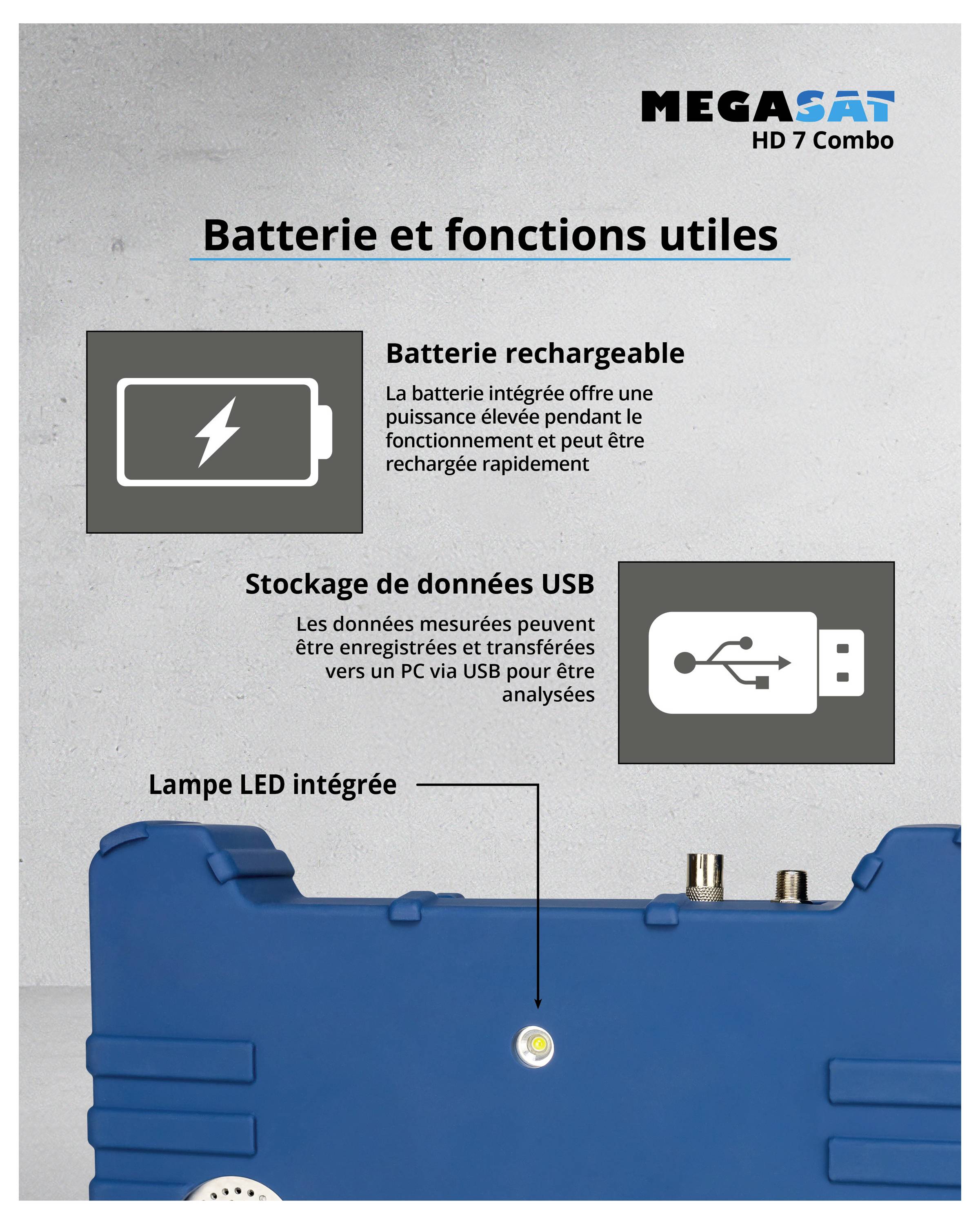 'Batterie et fonctions utiles' : L'image montre les fonctionnalités d'un appareil, comprenant une batterie de puissance, un stockage de données USB et un éclairage LED intégré.