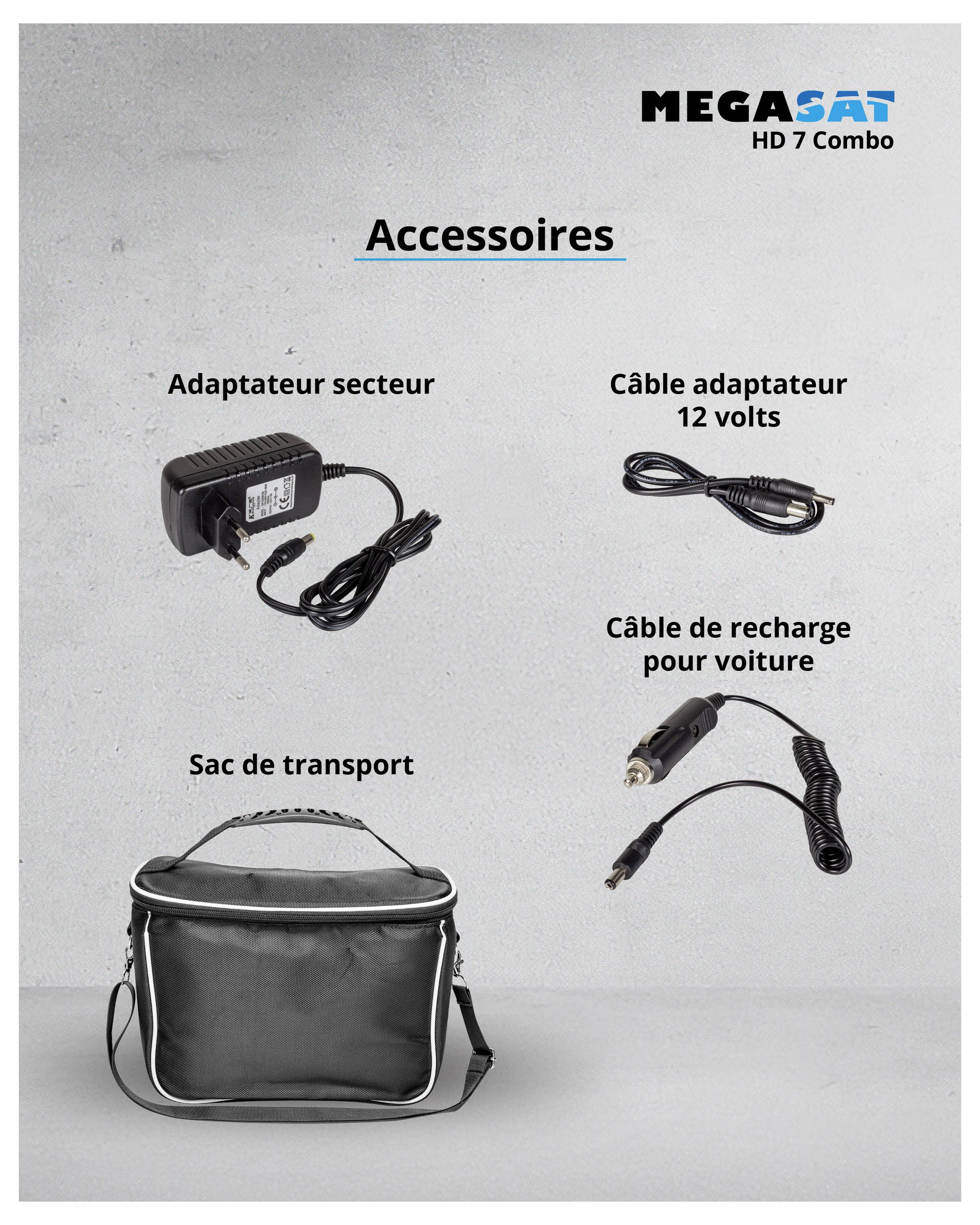 Accessoires pour MEGASAT HD 7 Combo : Alimentation électrique, câble adaptateur 12 volts, câble de charge pour véhicule, sacoche de transport.