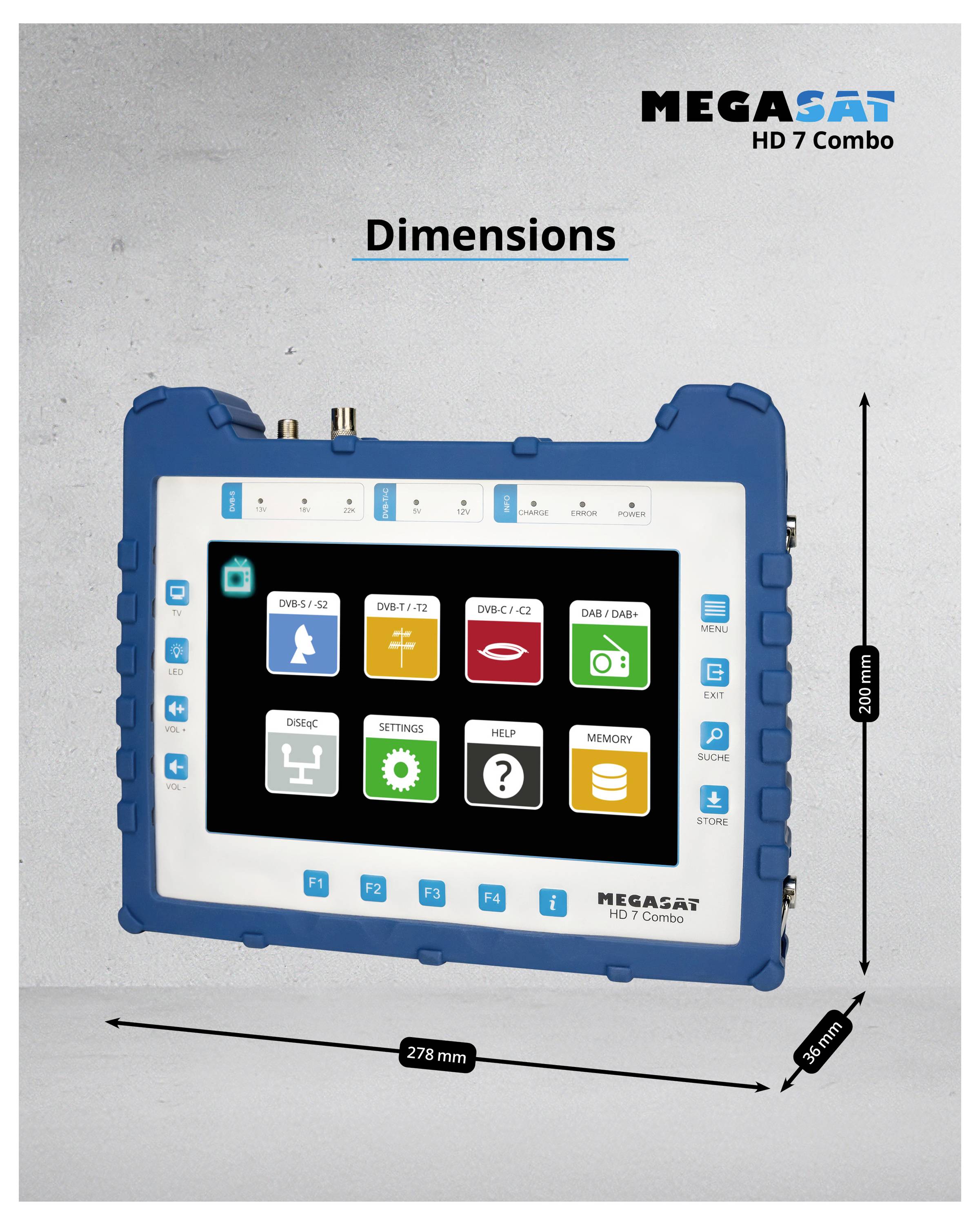 Un appareil combiné Megasat HD 7 bleu et blanc affiche un menu avec des icônes pour DVB, DAB/DAB+, Paramètres, Mémoire et Aide. Les dimensions sont de 278 mm x 260 mm.
