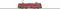 Modèle rouge d'une locomotive électrique avec des détails gris, posée sur des rails. Vue latérale montrant les connexions de câbles en haut.