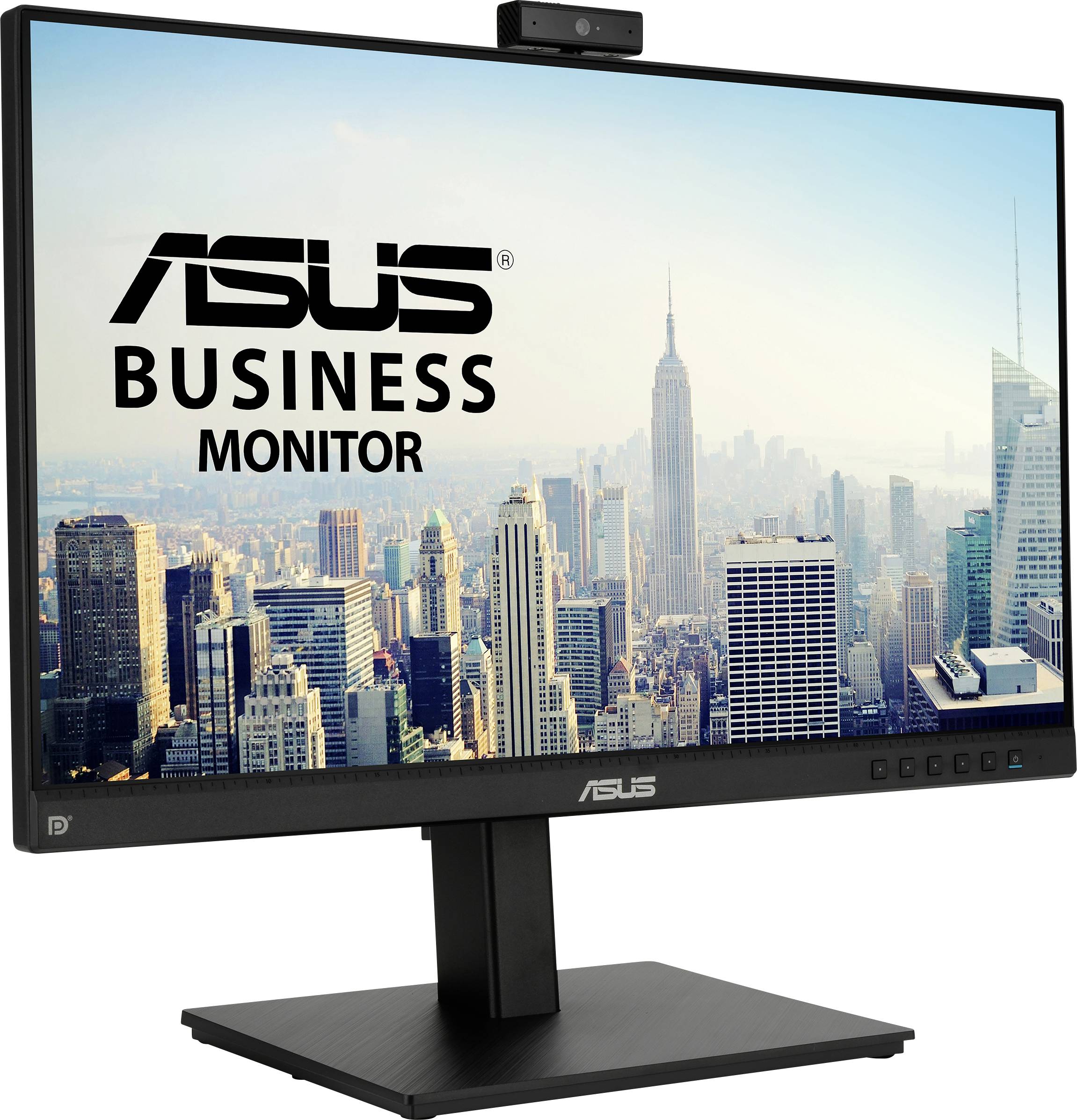 Moniteur commercial ASUS avec un fond de skyline, montrant des immeubles de bureaux modernes. En haut : webcam intégrée, adaptée aux vidéoconférences.