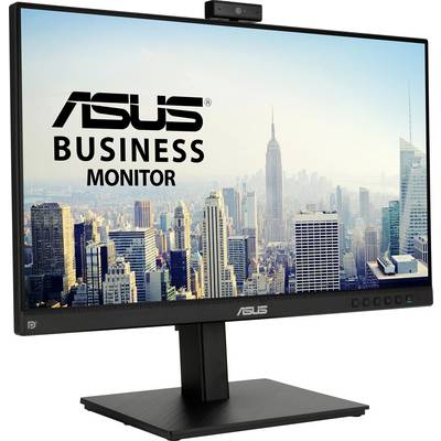Moniteur commercial ASUS avec un fond de skyline, montrant des immeubles de bureaux modernes. En haut : webcam intégrée, adaptée aux vidéoconférences.