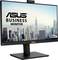 Moniteur commercial ASUS avec un fond de skyline, montrant des immeubles de bureaux modernes. En haut : webcam intégrée, adaptée aux vidéoconférences.