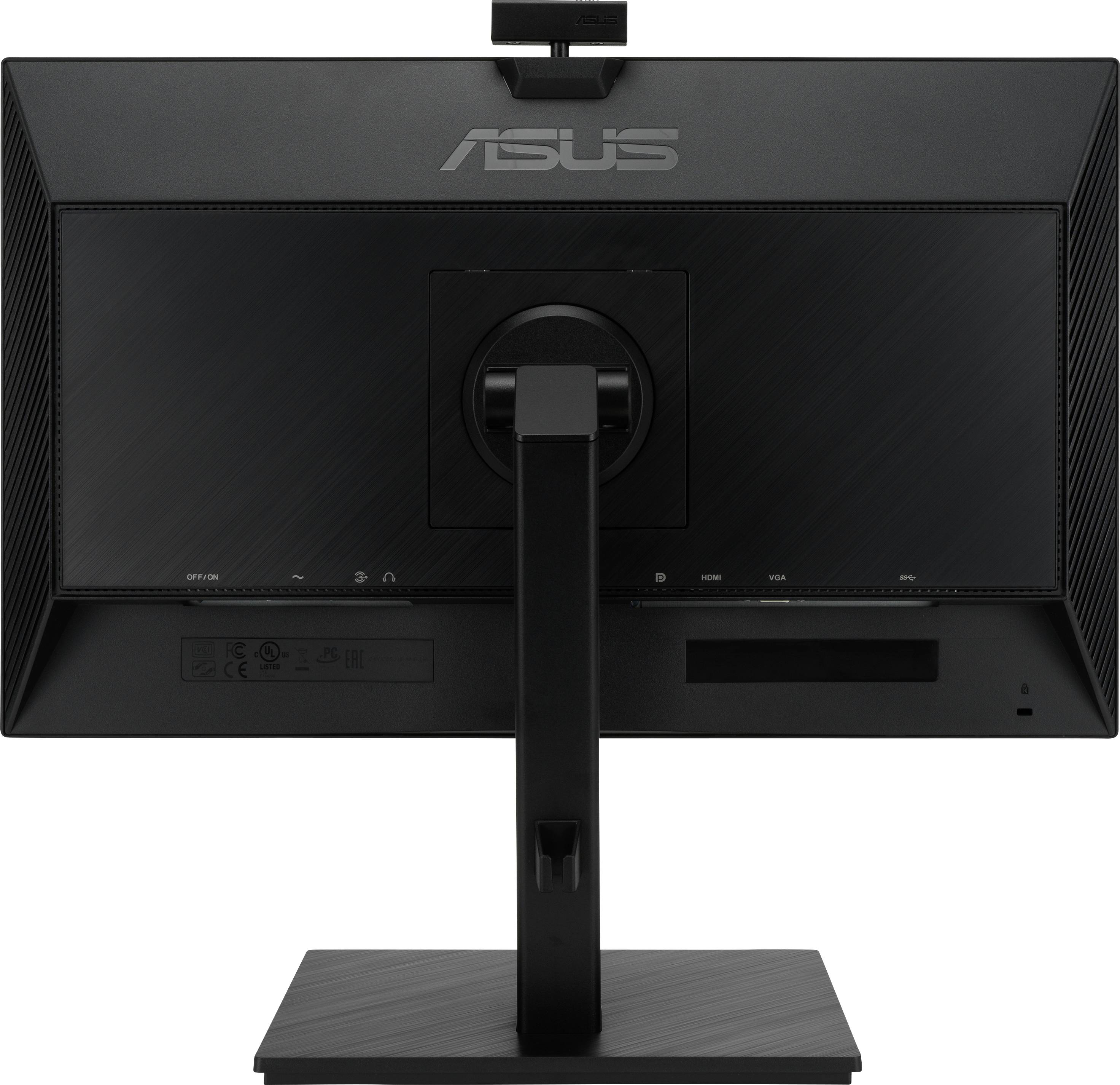 Un moniteur noir ASUS vu de dos, avec un support pivotant. Le logo est visible en haut.