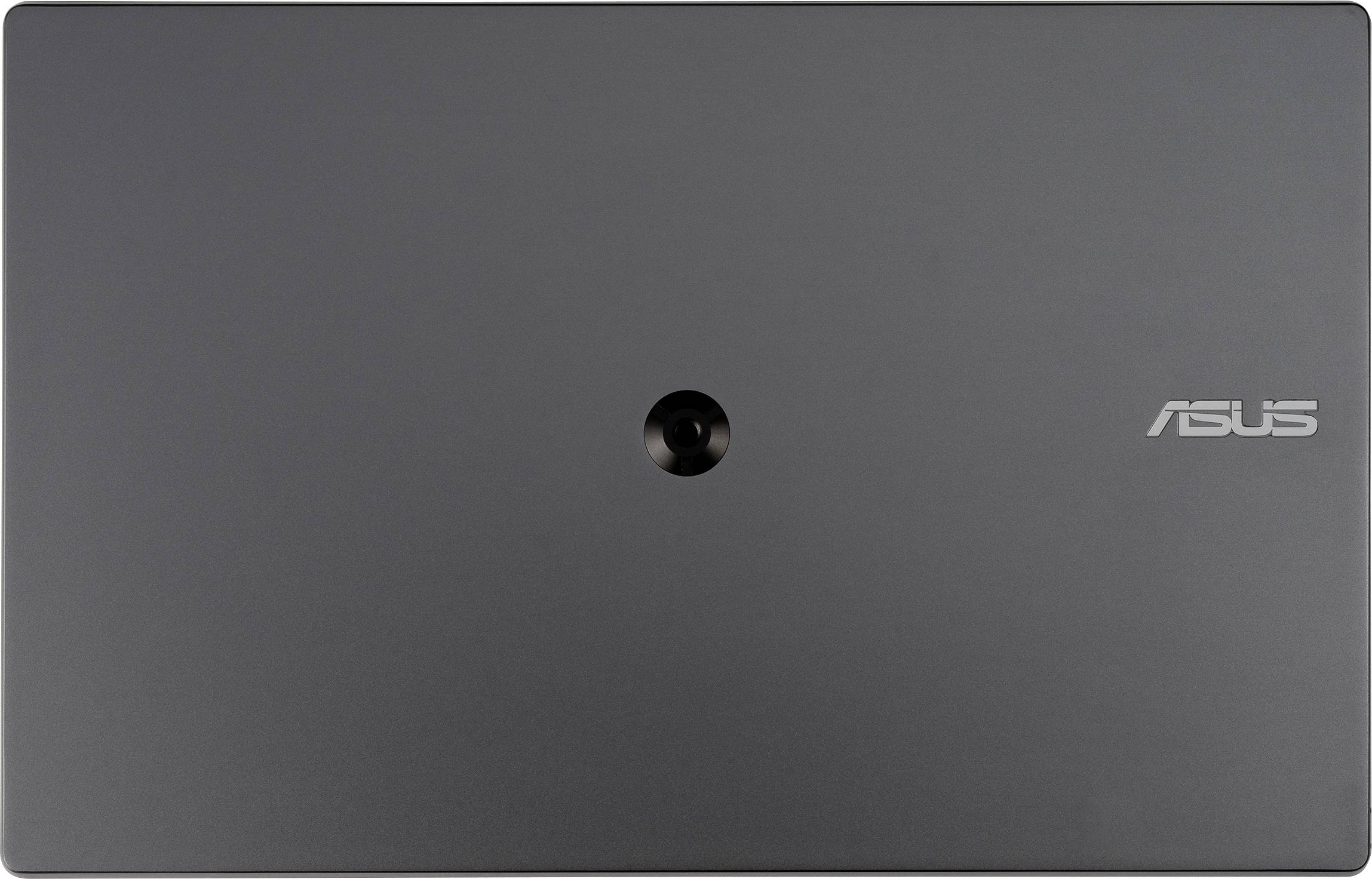 Couvercle d'ordinateur portable en gris foncé avec le logo Asus dans le coin supérieur droit.