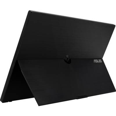 Un moniteur ASUS noir et brillant montre son dos avec son support. Idéal pour une utilisation comme second écran portable.