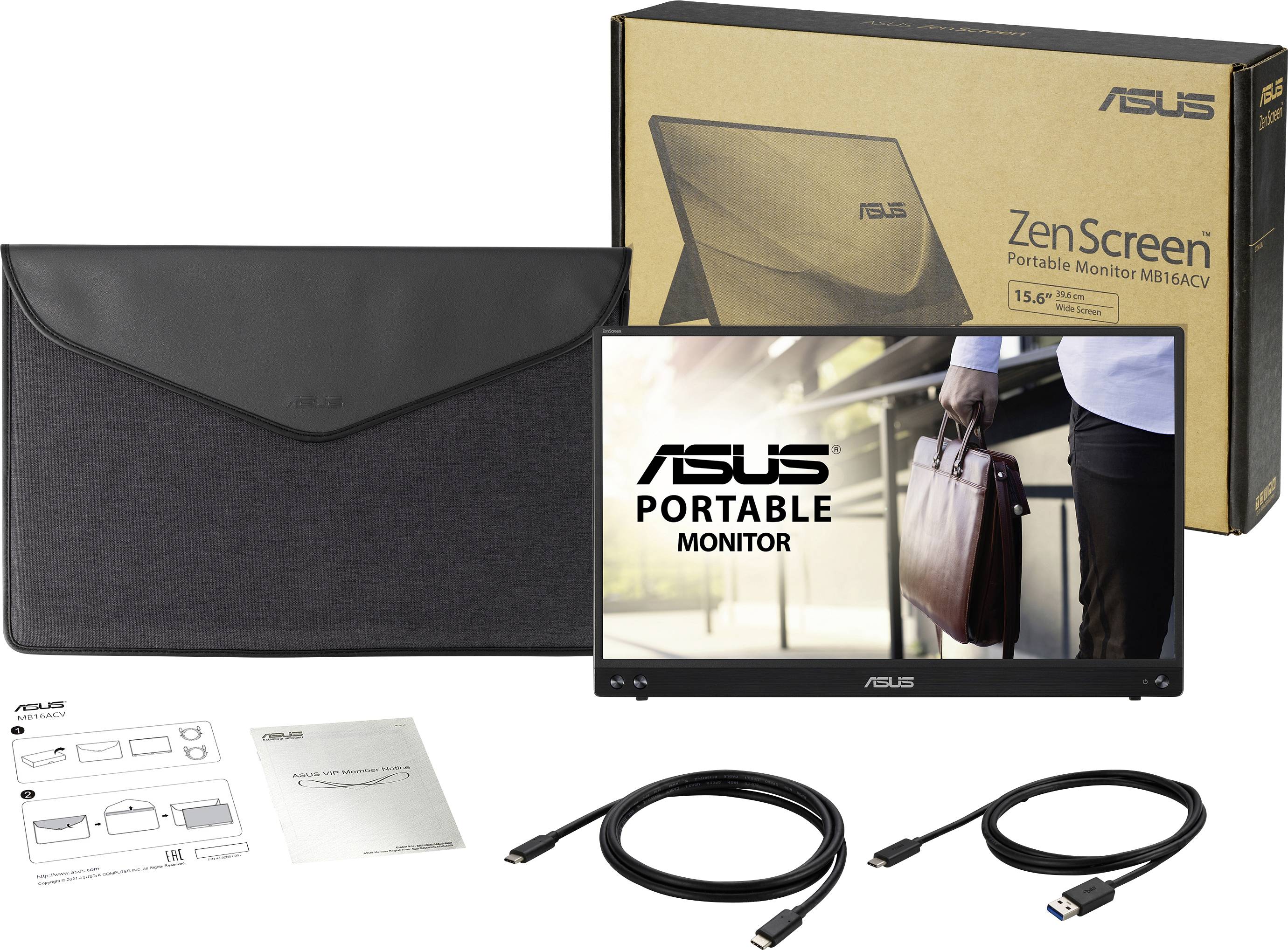 'Asus ZenScreen MB16ACV' moniteur portable avec emballage, sacoche de transport, manuel et deux câbles. L'écran affiche une personne avec une sacoche de travail.