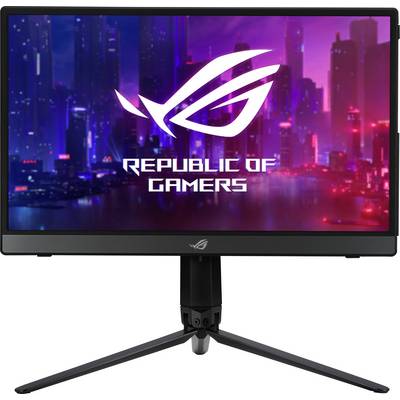 Un écran de gaming devant la skyline urbaine nocturne, affichant le logo 'Republic of Gamers'.
