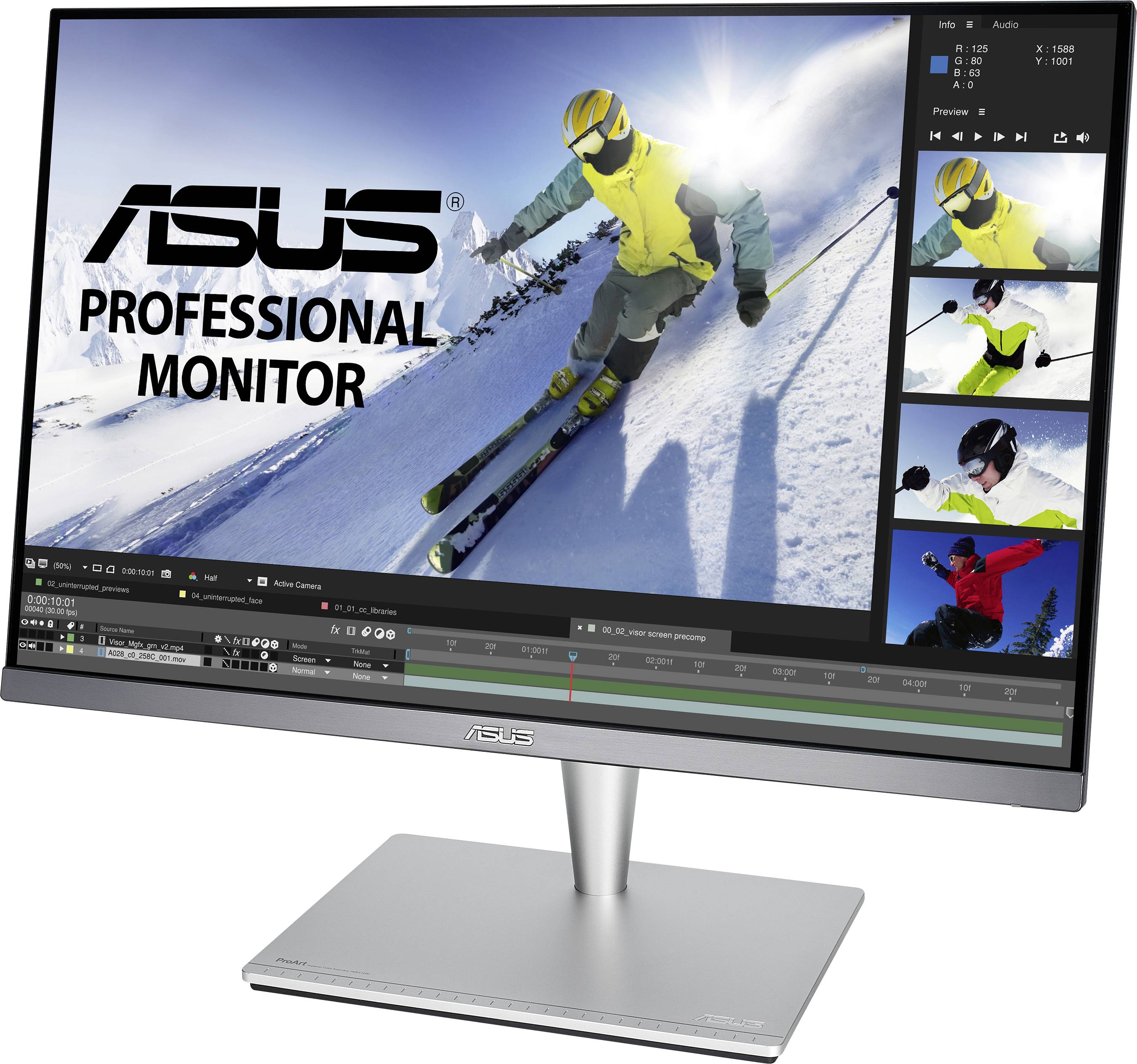 Un moniteur ASUS montre un skieur descendant dynamiquement une pente enneigée. En haut à gauche est inscrit le texte « Moniteur professionnel ASUS ».