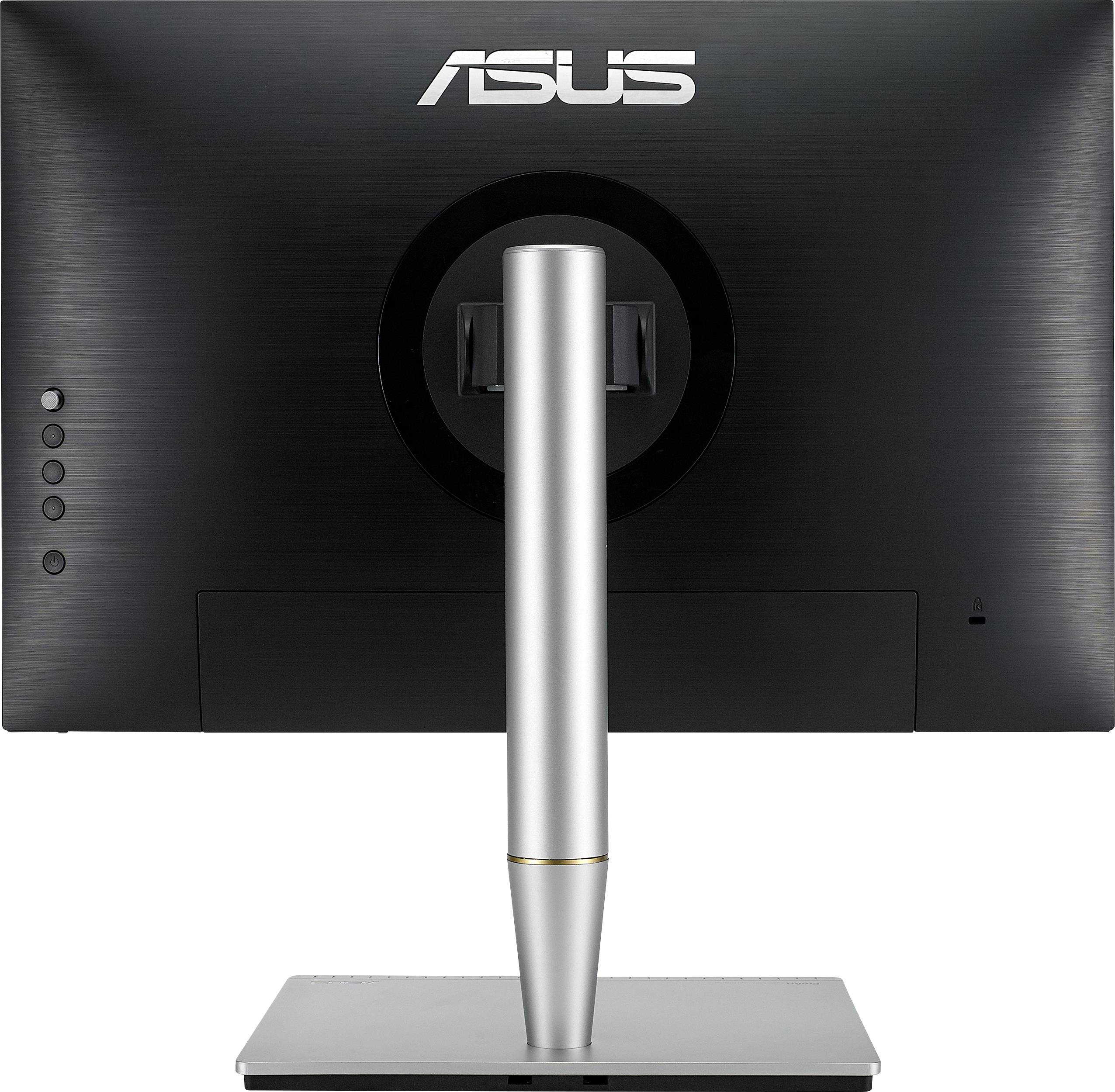 Dos du moniteur ASUS avec un boîtier noir et un socle argenté. Support central visible, logo en blanc en haut.