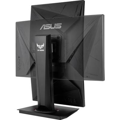Vue arrière d'un moniteur gaming ASUS TUF avec un socle stable portant le logo de la marque 'TUF Gaming'.