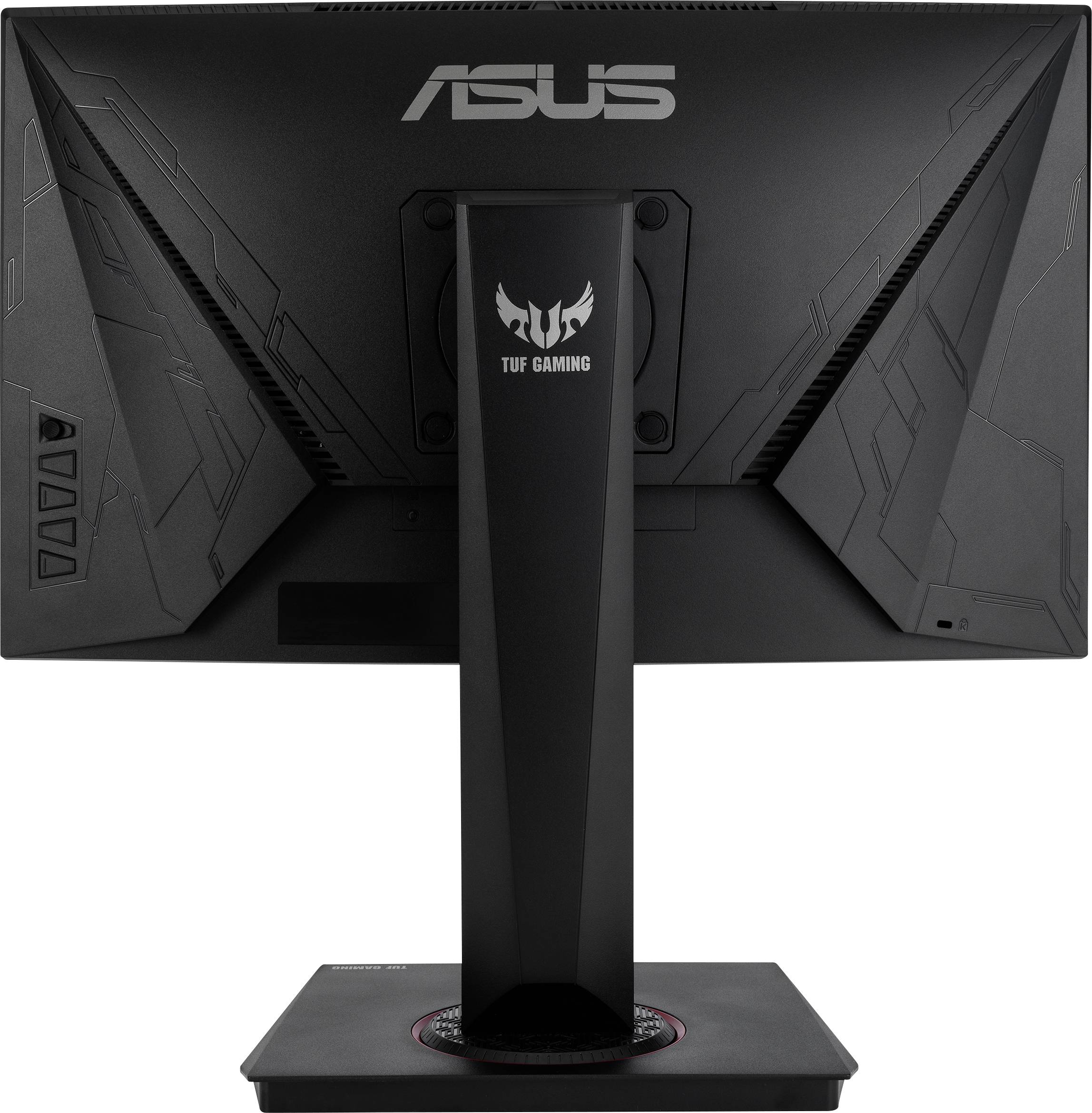 Un moniteur noir de la marque ASUS, modèle TUF Gaming, vu de dos. L'écran est monté sur un socle robuste.