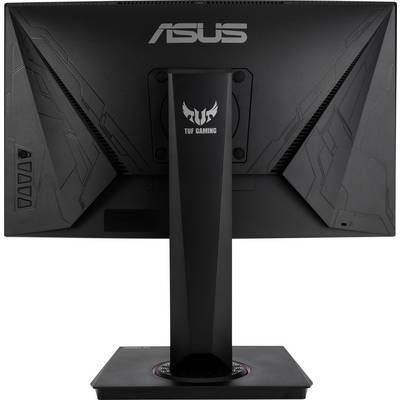 Un moniteur noir de la marque ASUS, modèle TUF Gaming, vu de dos. L'écran est monté sur un socle robuste.