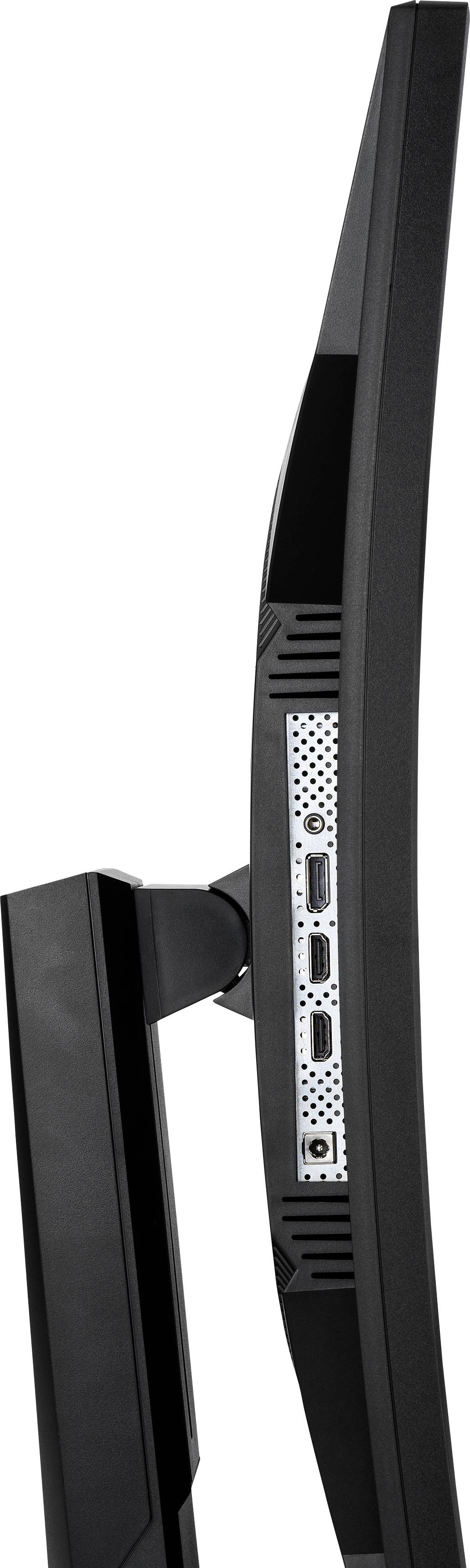 Vue latérale d'un moniteur d'ordinateur moderne au design élégant, posé sur un socle noir, avec différentes connexions visibles.