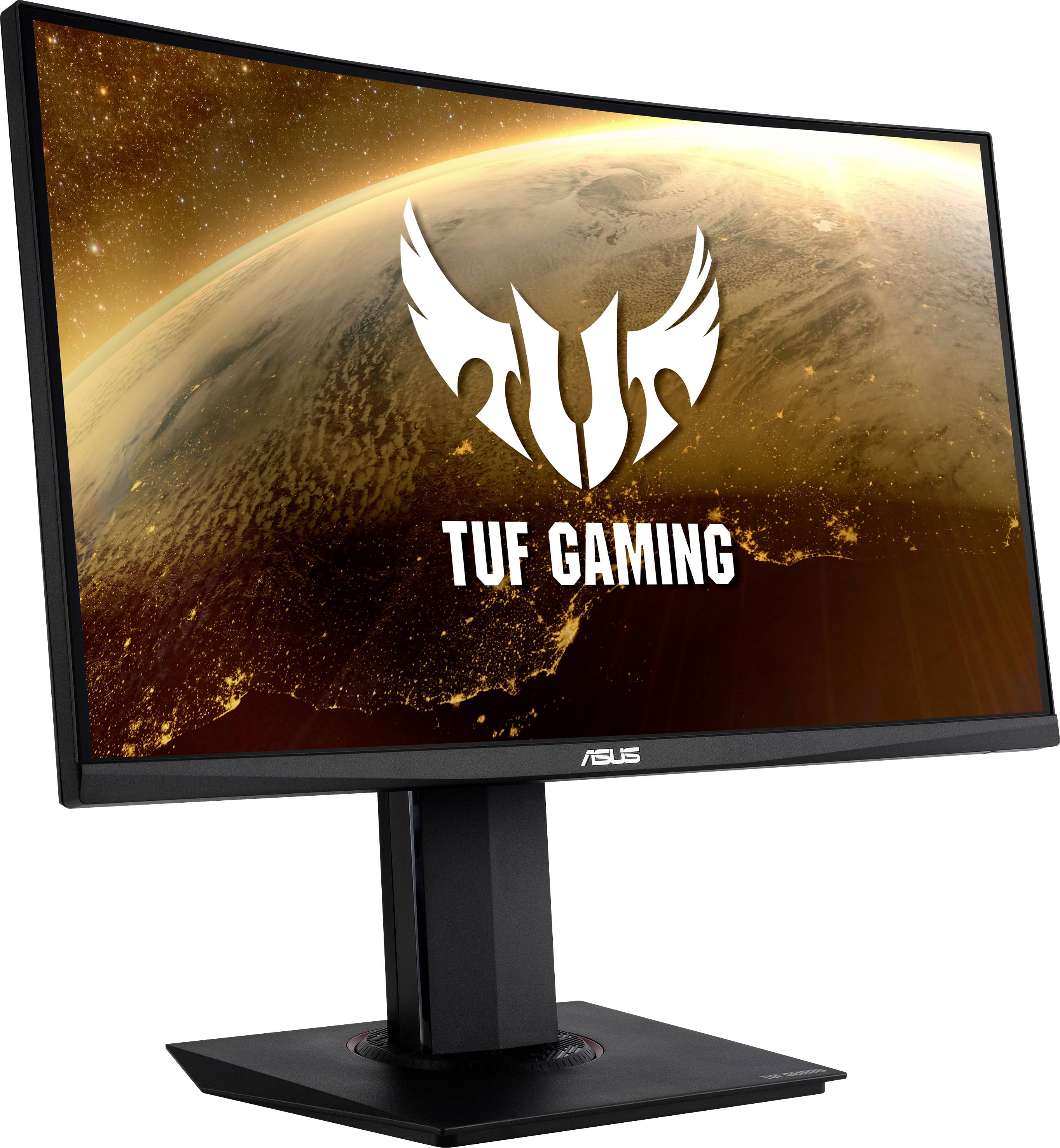 Un écran d'ordinateur incurvé avec le logo de 'TUF Gaming' et un fond d'écran spatial représentant une planète.
