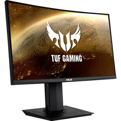 Un écran d'ordinateur incurvé avec le logo de 'TUF Gaming' et un fond d'écran spatial représentant une planète.