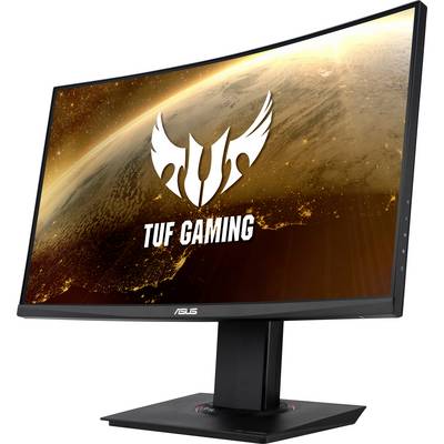Un écran de jeu incurvé de la marque 'TUF Gaming' avec un motif spatial à l'écran.