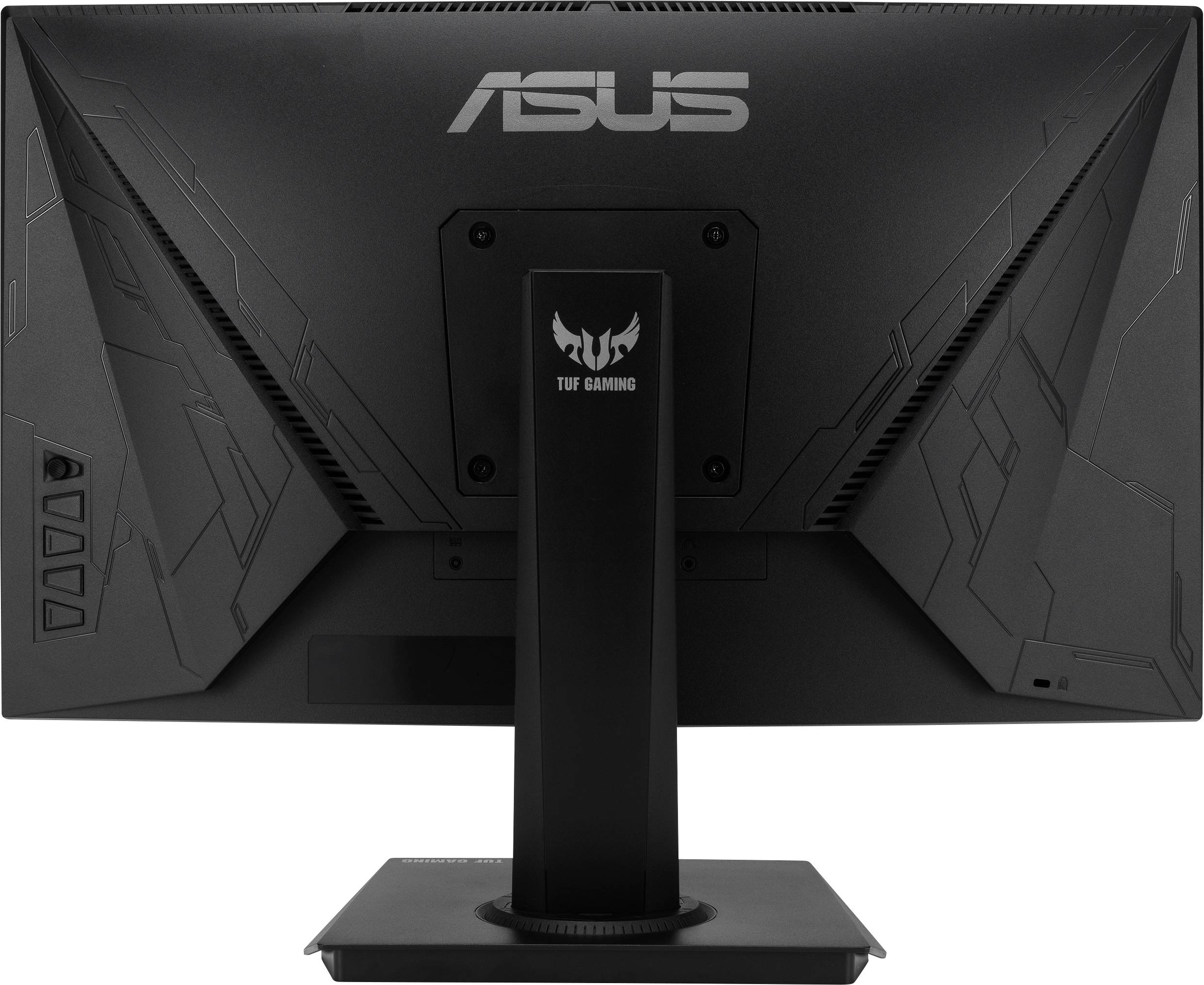 'Vue arrière d'un écran d'ordinateur ASUS avec logo TUF Gaming, noir, avec socle et lignes de design modernes.'
