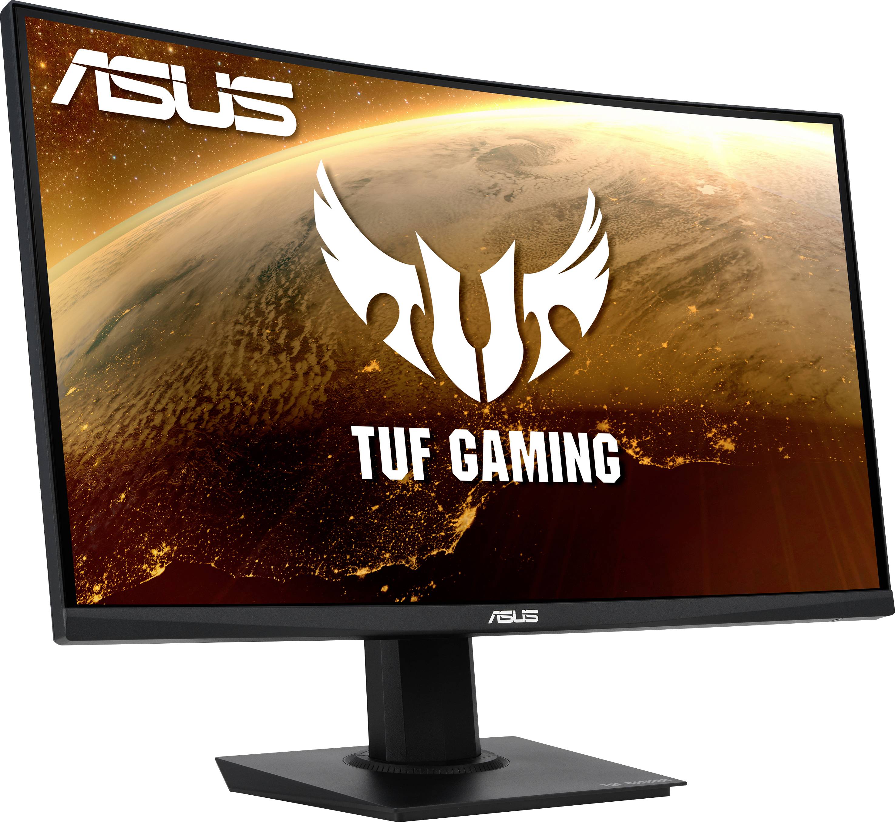 Un moniteur de gaming ASUS TUF à écran incurvé affiche un thème spatial.