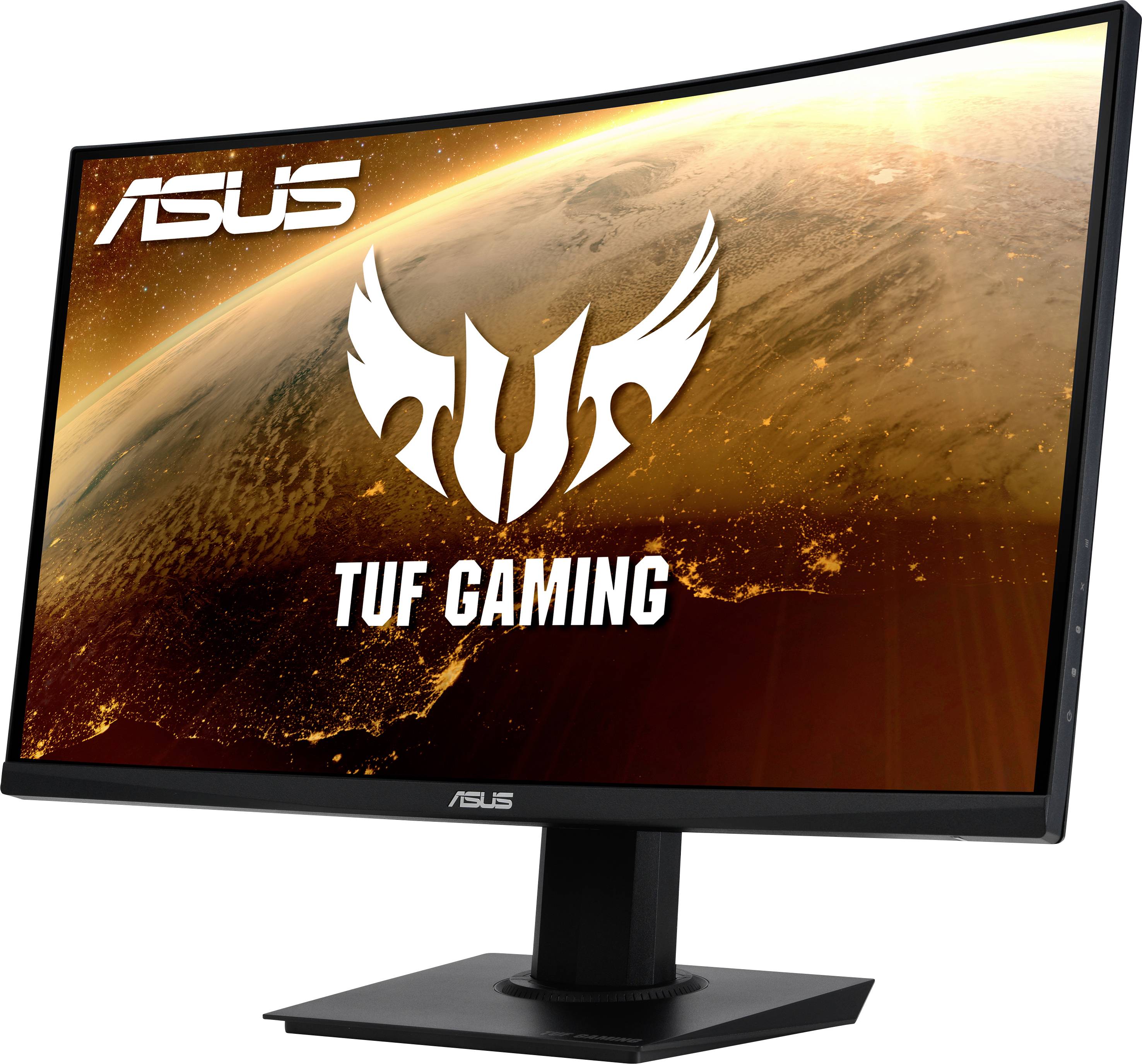 Un écran gaming ASUS TUF avec un écran incurvé. Une image de l'espace est affichée sur l'écran, faisant la promotion du moniteur.