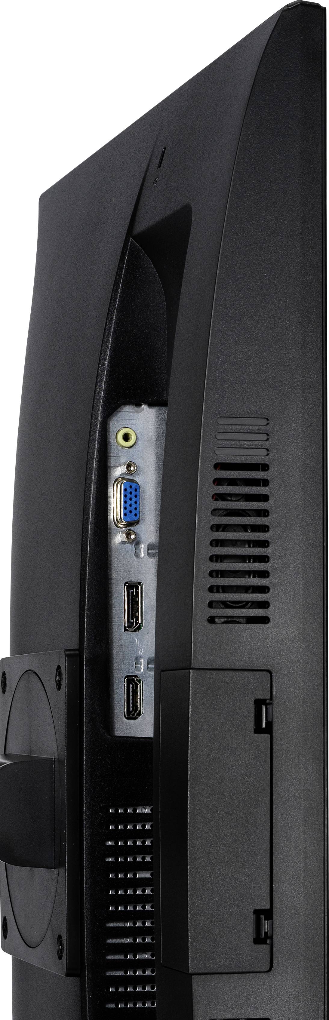Vue latérale d'un moniteur d'ordinateur noir avec des ports visibles : VGA et HDMI.