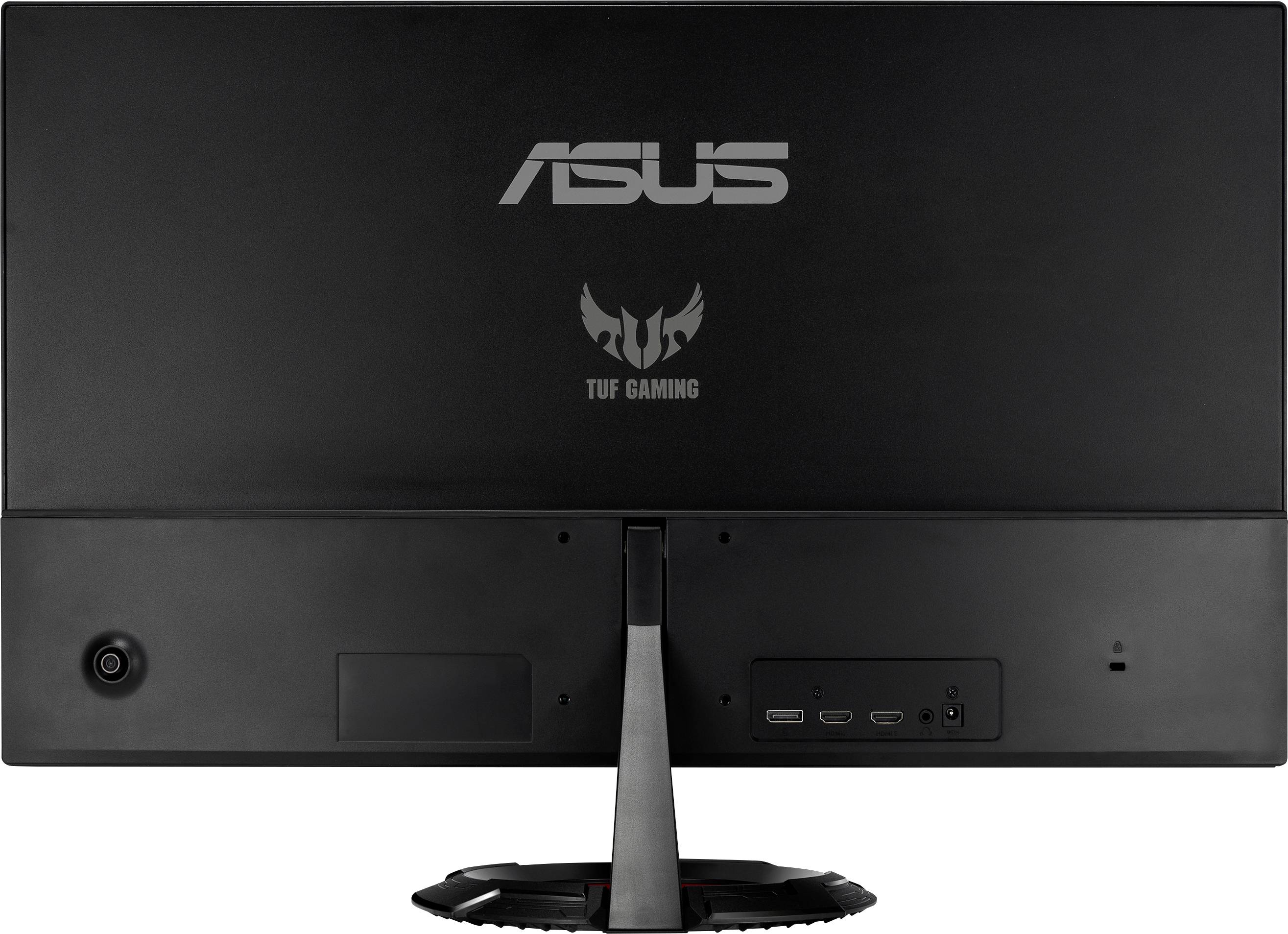 Vue arrière d'un moniteur gaming Asus TUF avec son socle visible et les connexions situées en bas à droite.