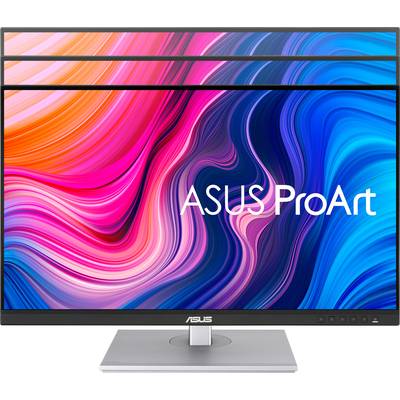 Moniteur ASUS ProArt avec des tourbillons de couleurs éclatantes à l'écran, adapté aux travaux créatifs et professionnels.