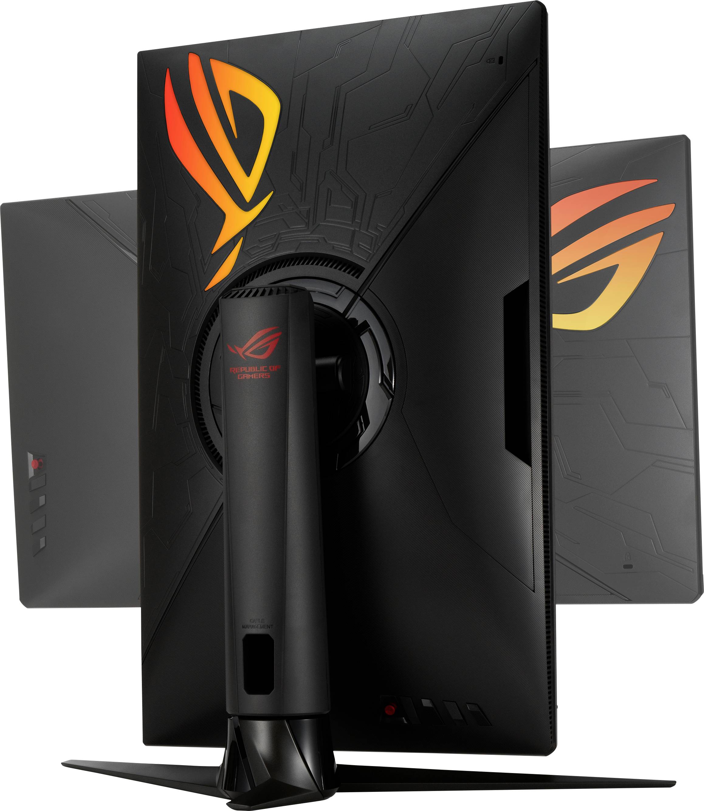 Deux moniteurs de gaming noirs avec un logo lumineux rouge et jaune à l'arrière, présentant un design futuriste.