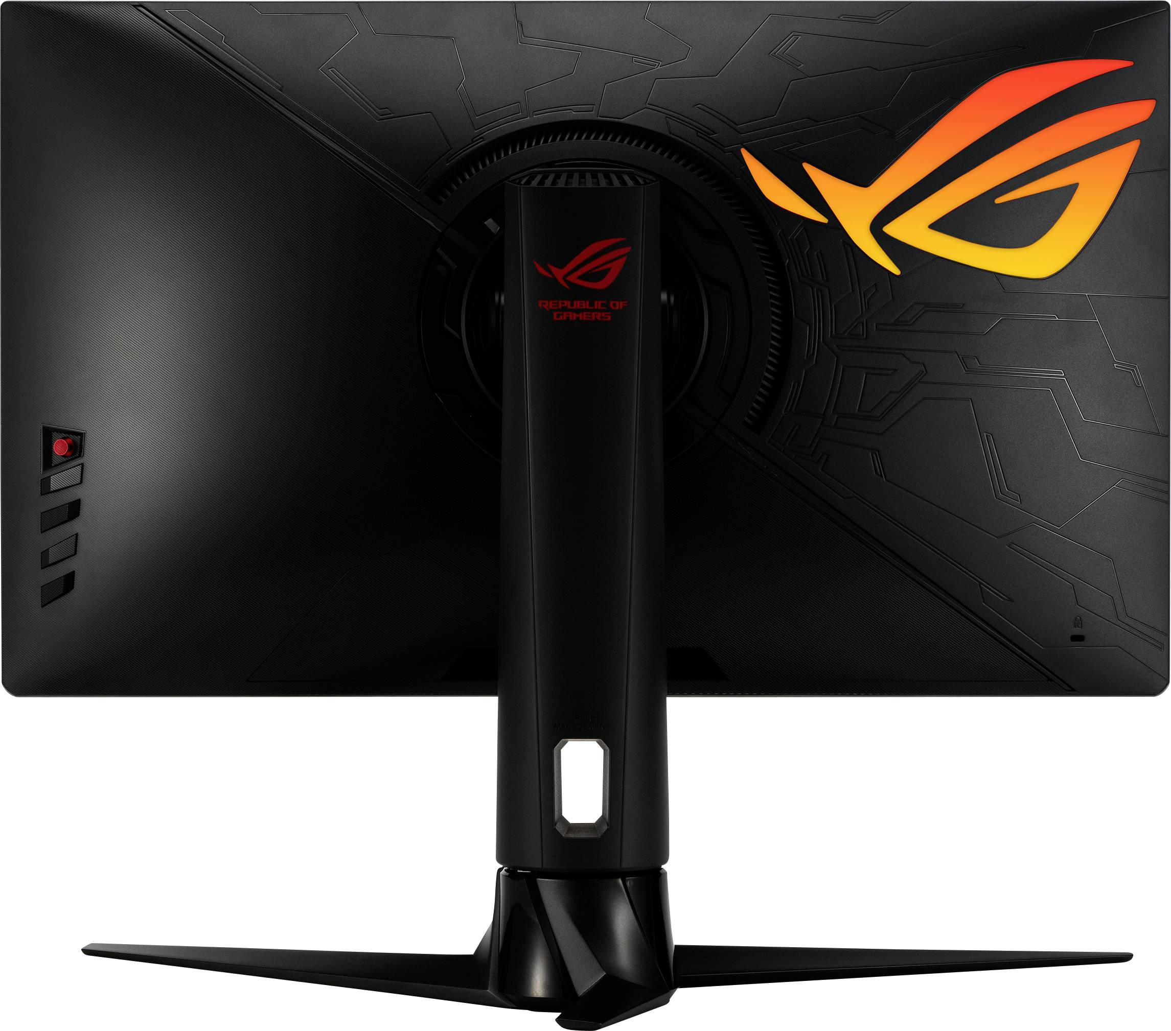 Un moniteur gaming noir vu de dos, avec un logo ROG rouge et jaune en haut à droite.