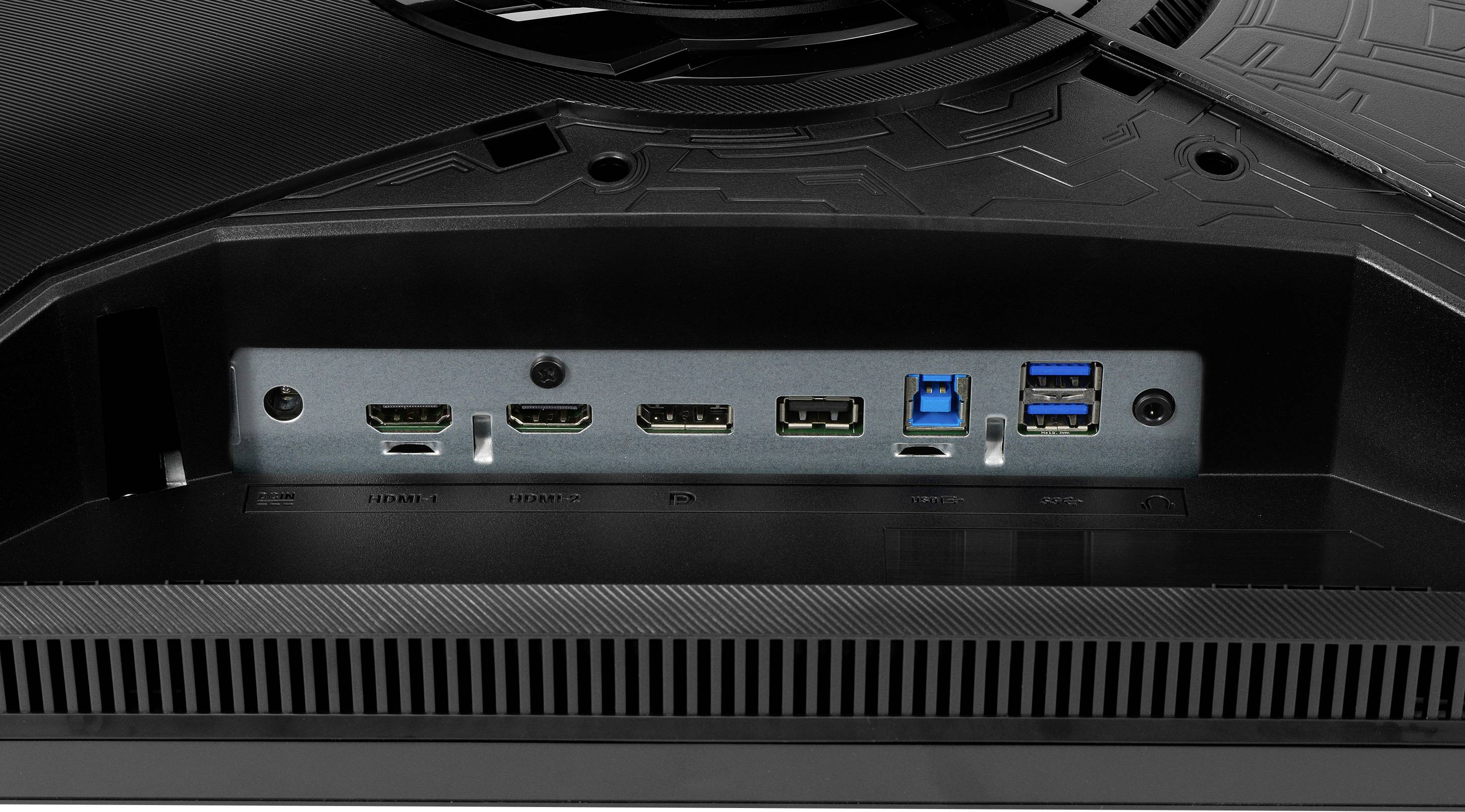 L'illustration montre l'arrière d'un moniteur avec différents ports : deux ports HDMI, un DisplayPort, un port USB-C et trois ports USB.