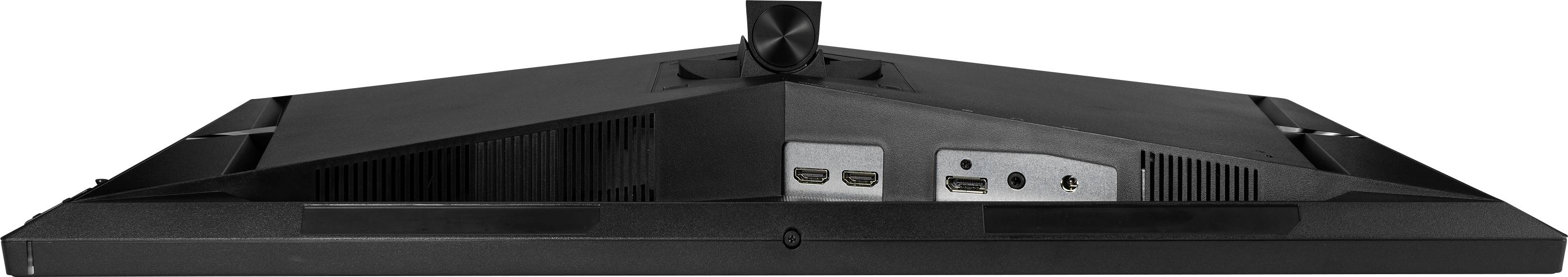 Arrière d'un moniteur d'ordinateur avec des ports : deux ports HDMI, un DisplayPort et une sortie audio.
