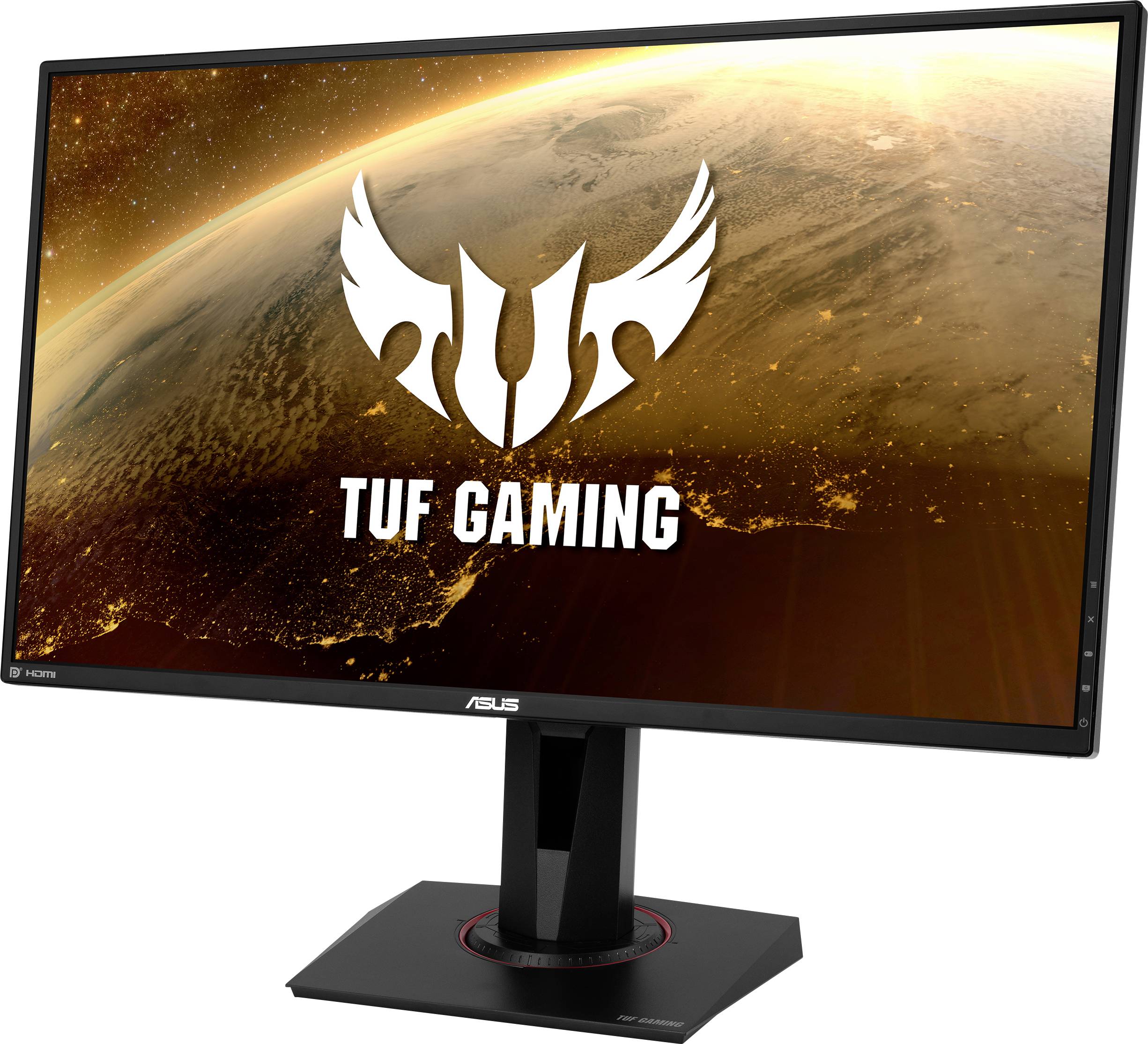 Moniteur ASUS TUF Gaming devant un arrière-plan spatial, montrant la Terre dans l'obscurité. Logo et inscription au centre de l'écran.