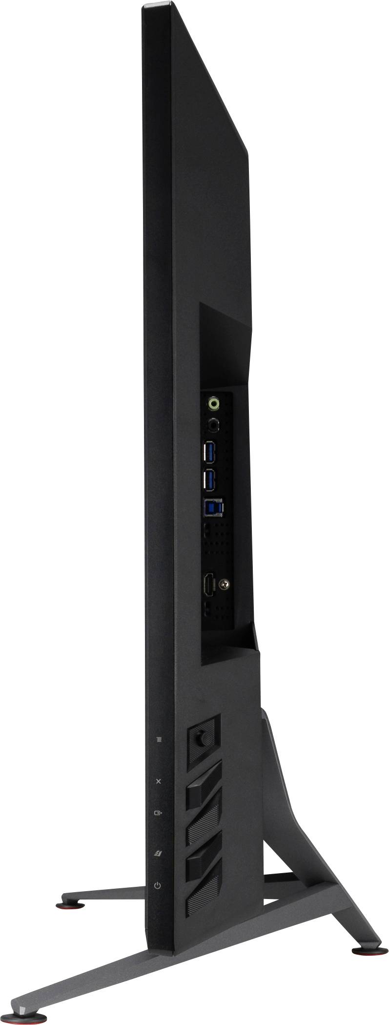 Écran mince et vertical avec des ports de connexion latéraux, comprenant USB, HDMI et des ports audio, installé sur un socle stable.