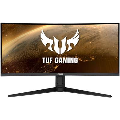 Un écran gaming incurvé ultra-large d'ASUS portant l'inscription 'TUF Gaming' et un logo sur un fond spatial.
