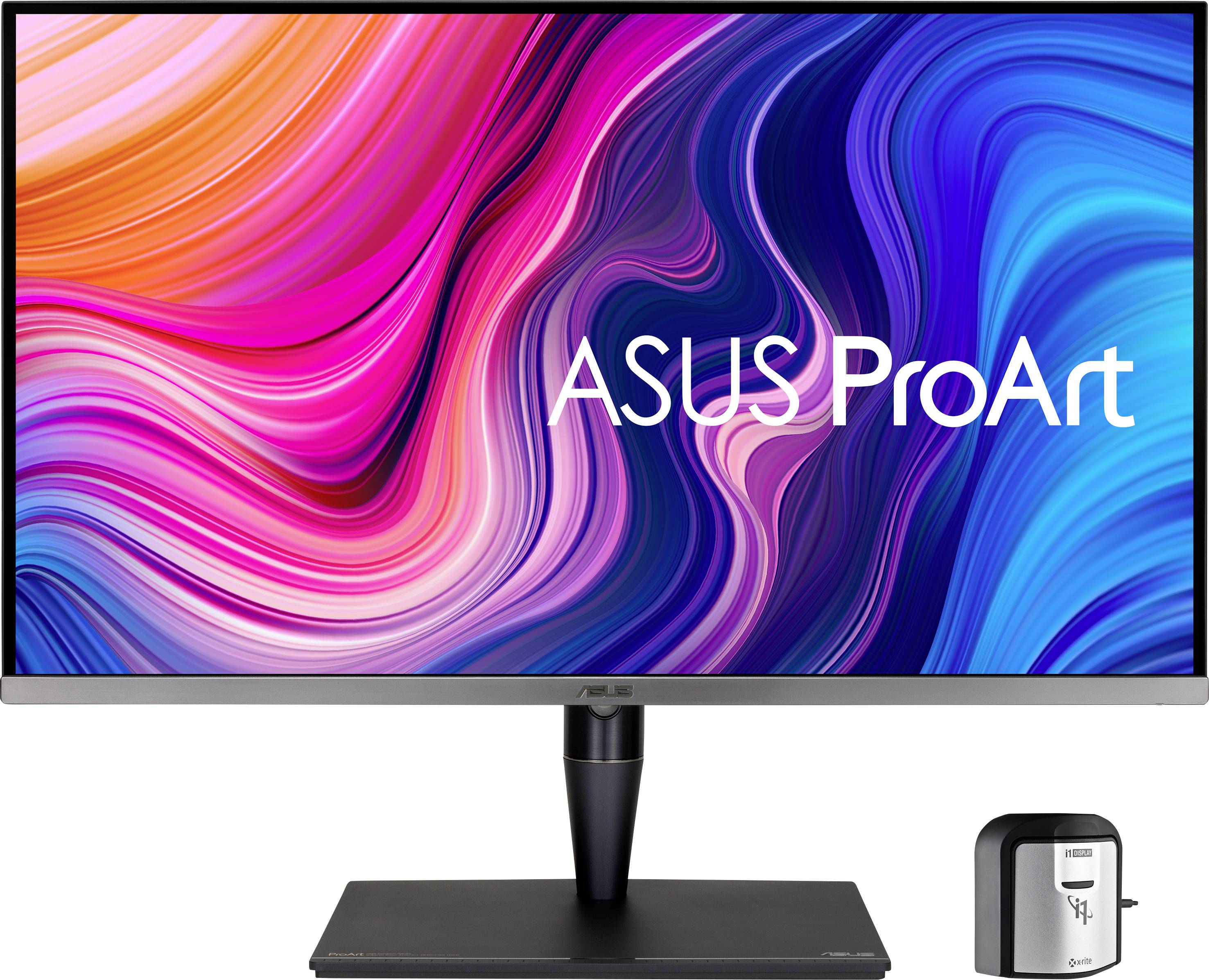 Un écran avec un fond coloré et ondulé, affichant l'inscription 'ASUS ProArt' à l'écran. Un dispositif de calibrage est placé en bas à gauche.