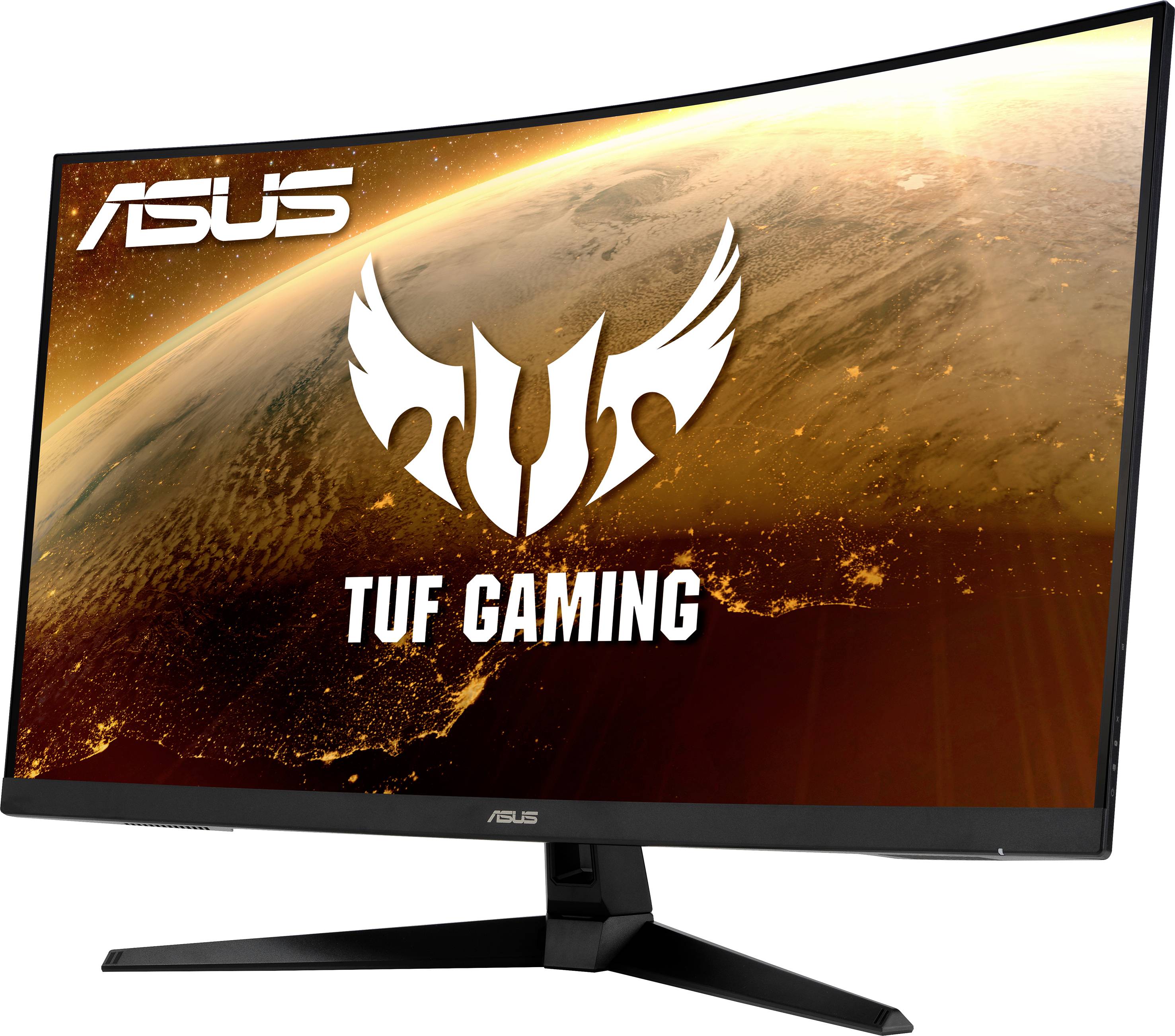 Moniteur ASUS TUF Gaming à écran incurvé, affichant une image spatiale avec une planète orange.
