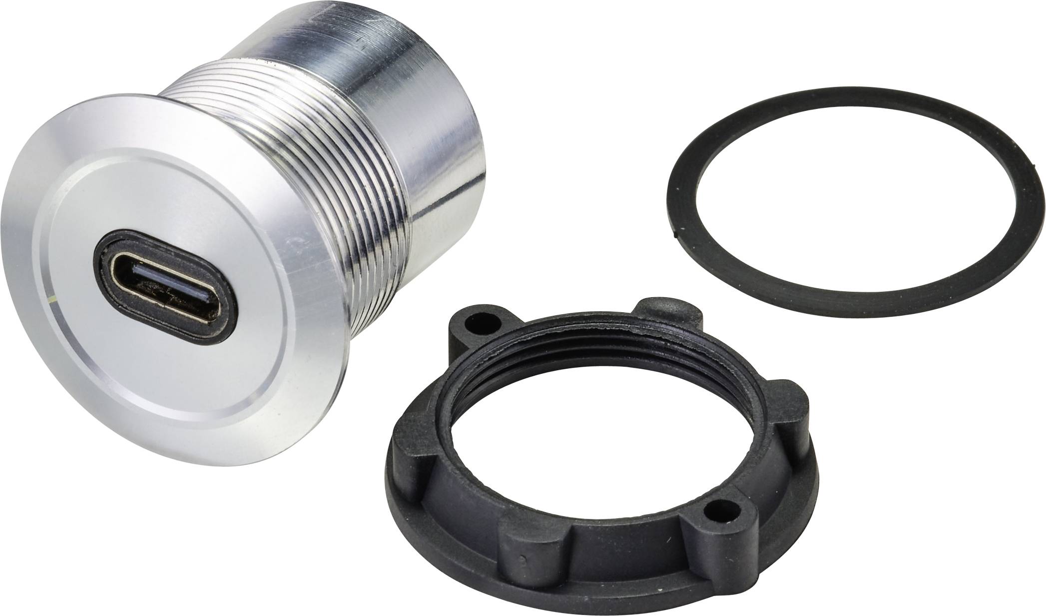 Connecteur USB-C avec boîtier argenté, anneau d'étanchéité et élément de montage noir. Adapté pour l'intégration dans des appareils électroniques.