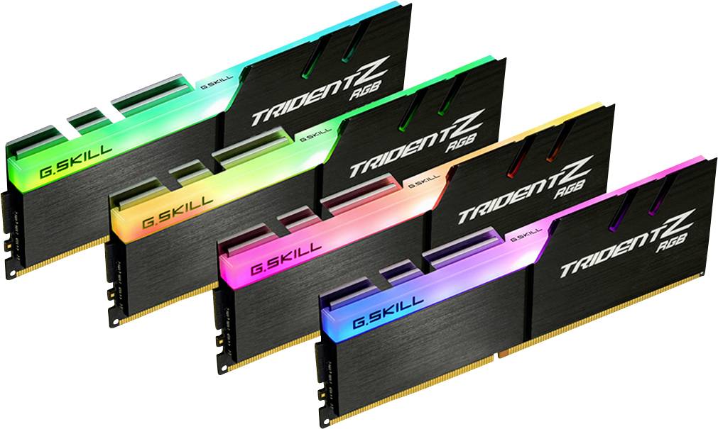 'Cinq modules de mémoire RAM G.SKILL Trident Z RGB de différentes couleurs. Chaque module présente un éclairage RGB différent.'